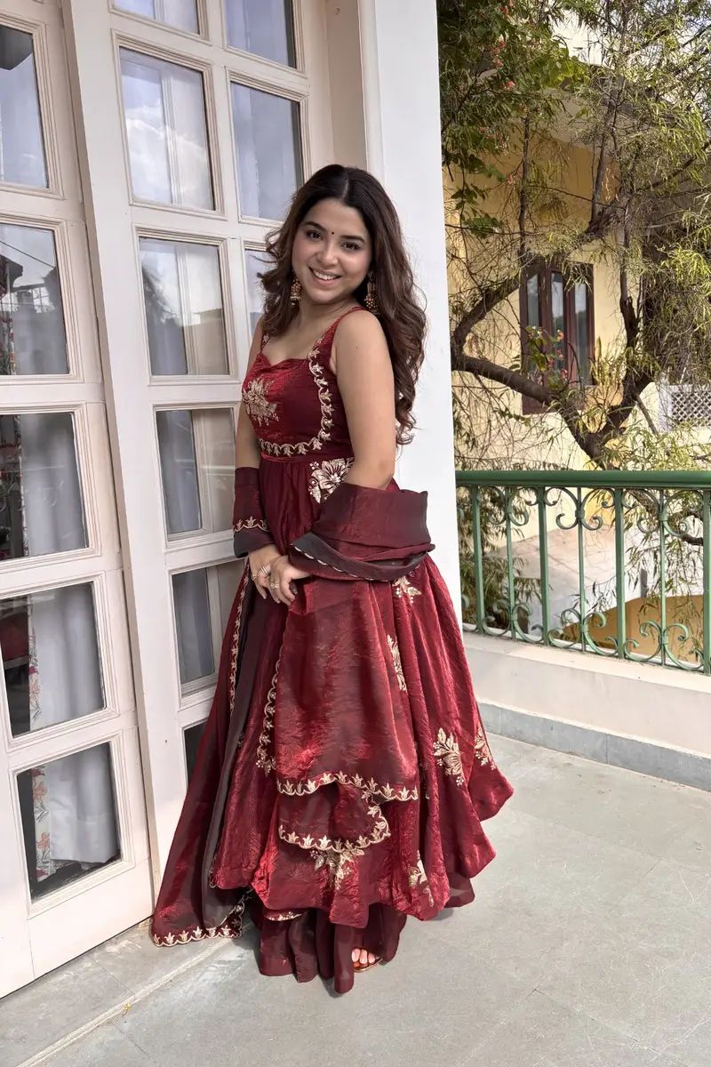 Eloriya Maroon Fendy Silk Anarkali Premium Suit Set | Eloriya India