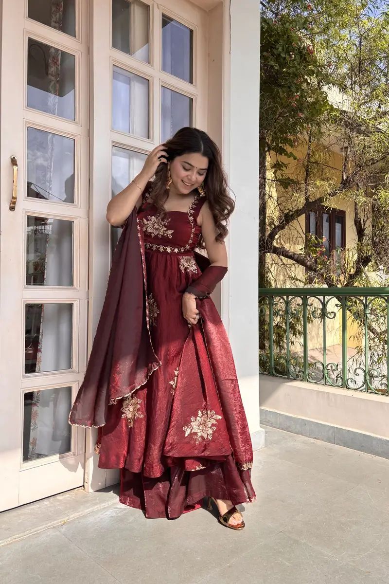 Eloriya Maroon Fendy Silk Anarkali Premium Suit Set | Eloriya India