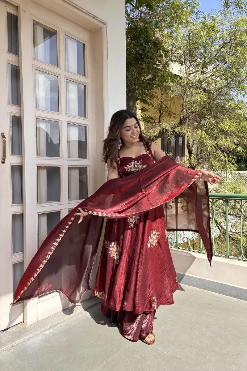 Eloriya Maroon Fendy Silk Anarkali Premium Suit Set | Eloriya India