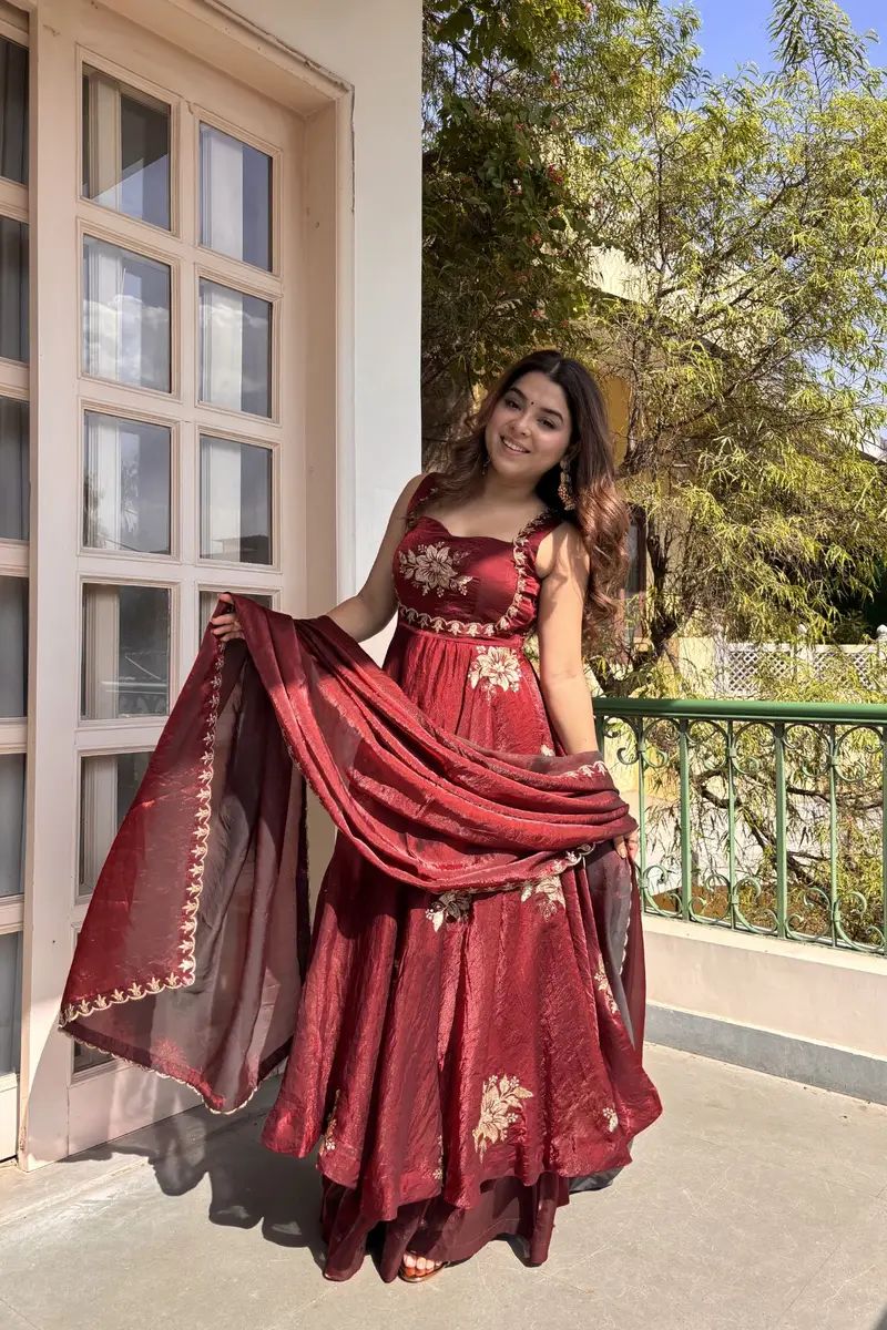 Eloriya Maroon Fendy Silk Anarkali Premium Suit Set - XL [42] | Eloriya India