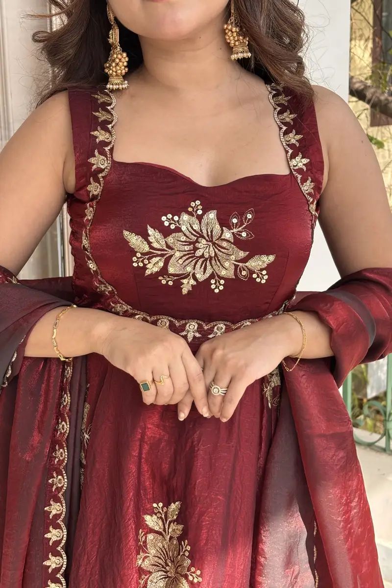 Eloriya Maroon Fendy Silk Anarkali Premium Suit Set - 3XL [46] | Eloriya India