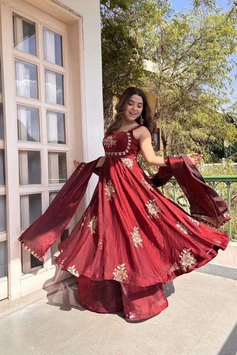 Eloriya Maroon Fendy Silk Anarkali Premium Suit Set - M [38] | Eloriya India