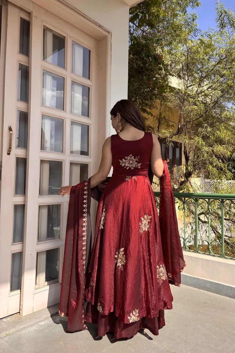 Eloriya Maroon Fendy Silk Anarkali Premium Suit Set - 2XL [44] | Eloriya India