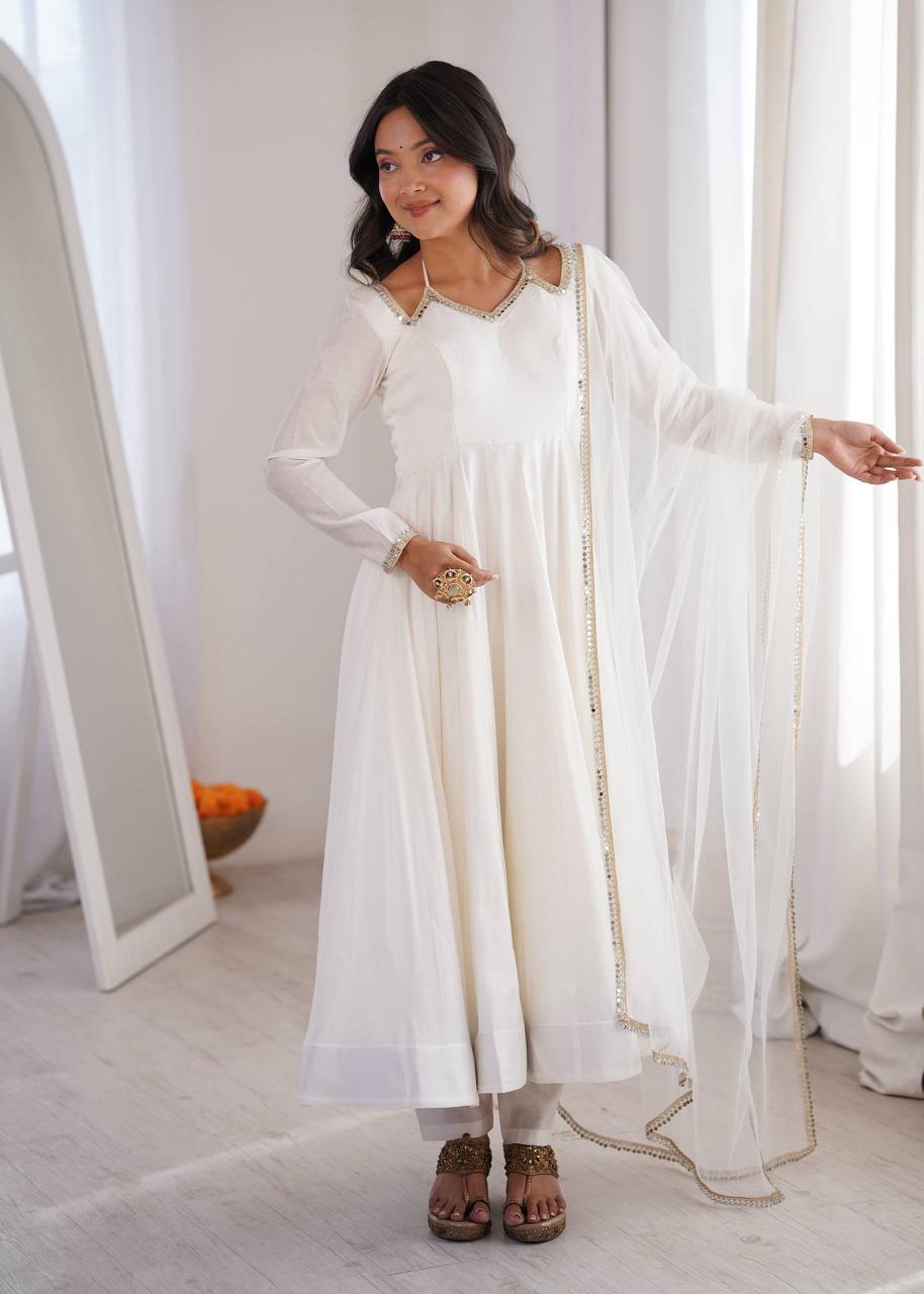 Eloriya Neha Smooth Roman Silk Fabric Premium Anarkali Suit Set - OFF-WHITE | Eloriya India