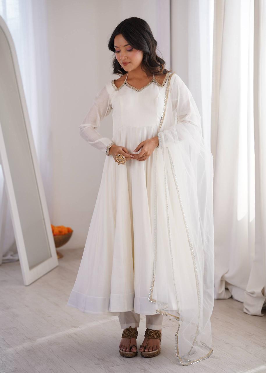 Eloriya Neha Smooth Roman Silk Fabric Premium Anarkali Suit Set - OFF-WHITE | Eloriya India