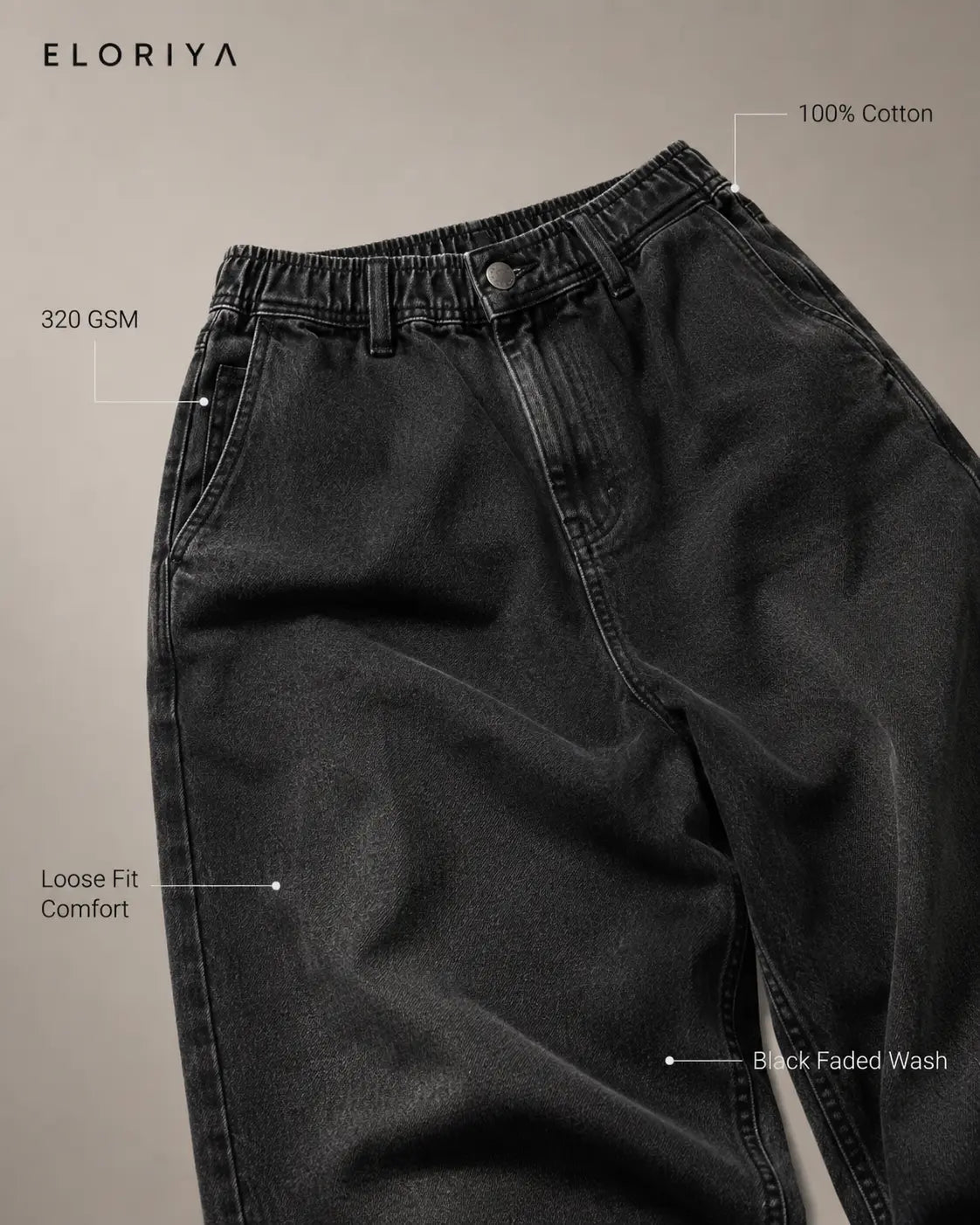 ELORIYA Black Faded Loose Fit Pants – Premium Cotton Streetwear Bottoms