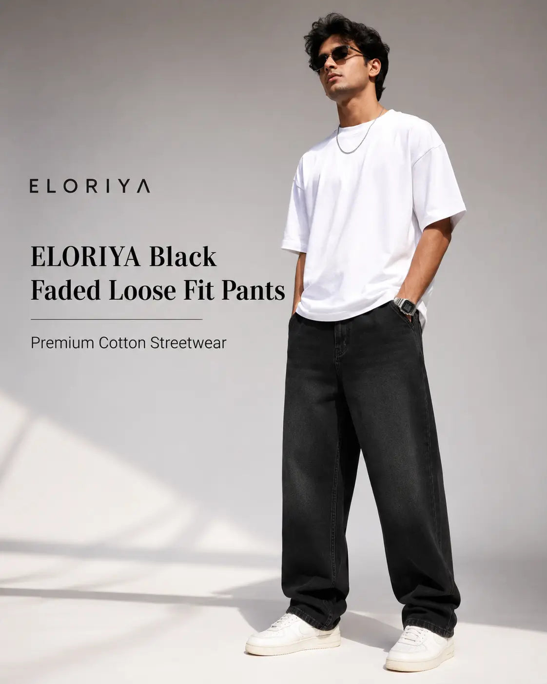 ELORIYA Black Faded Loose Fit Pants – Premium Cotton Streetwear Bottoms