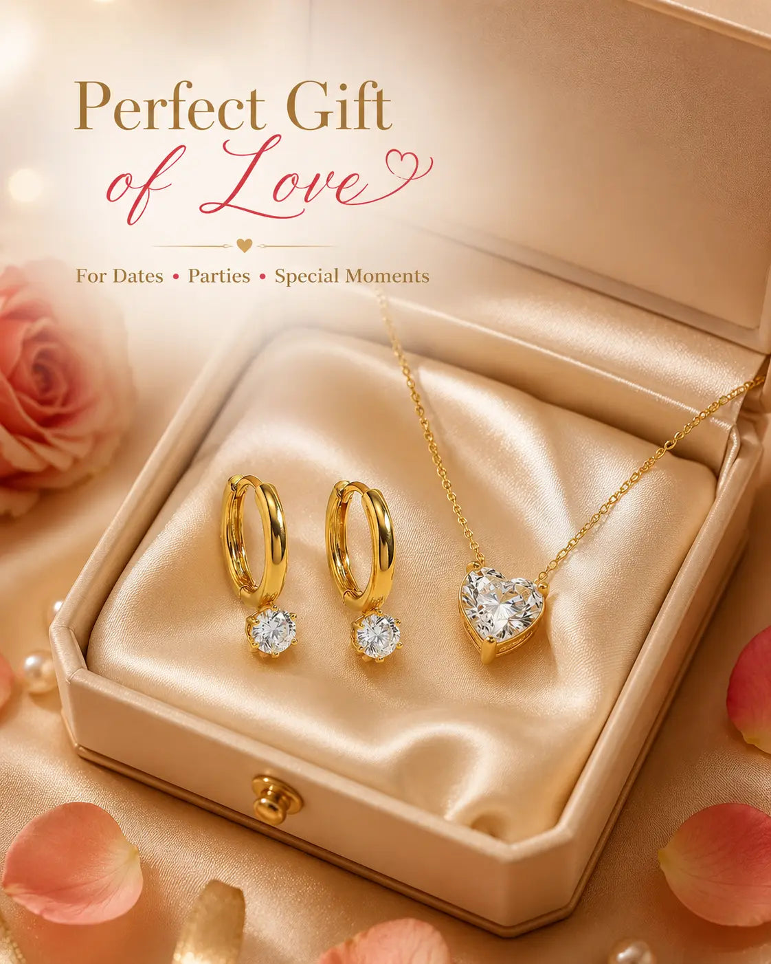 ELORIYA Diamond Heart Duo Jewellery Set – Gold-Tone Necklace & Hoop Earrings