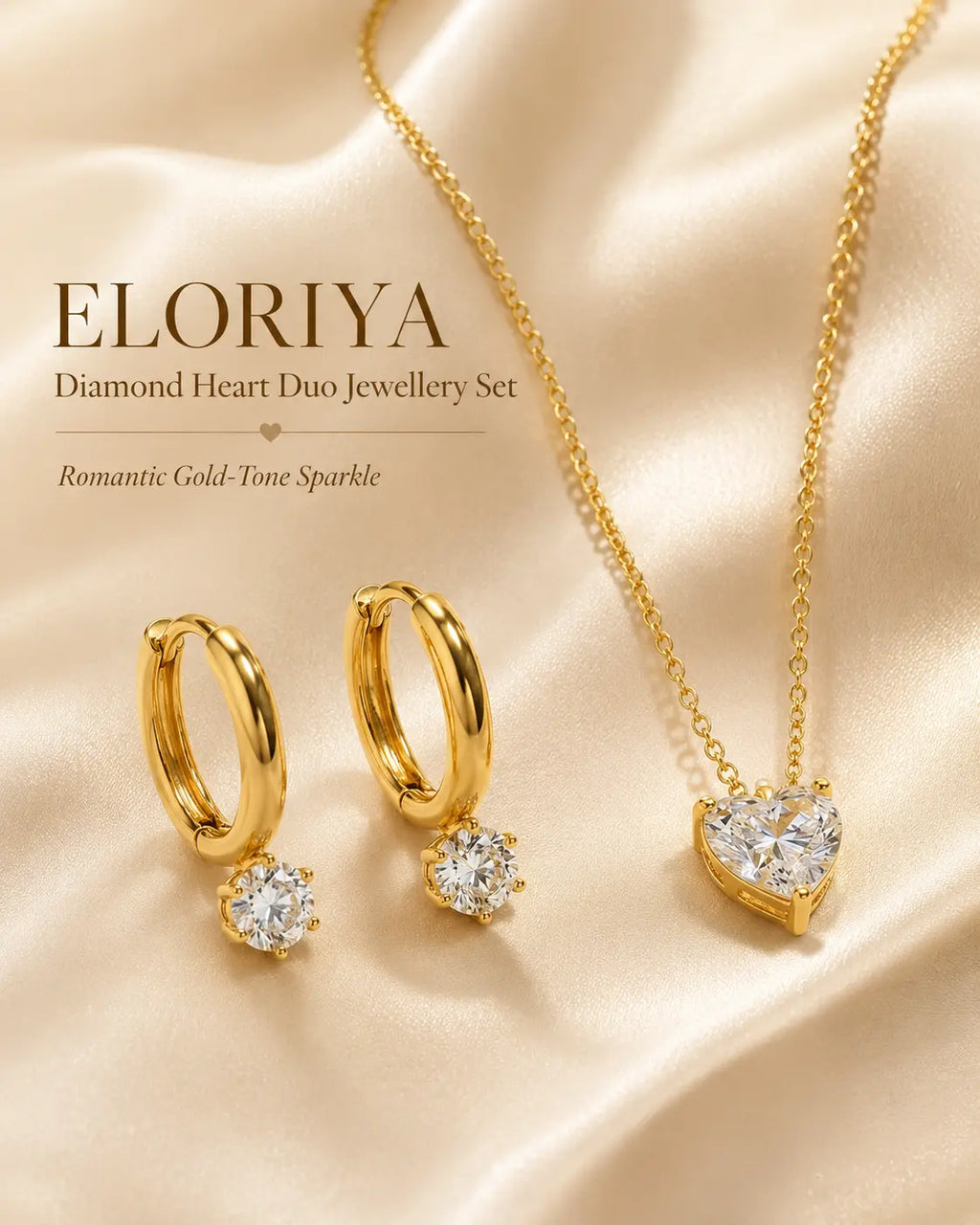 ELORIYA Diamond Heart Duo Jewellery Set – Gold-Tone Necklace & Hoop Earrings