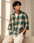 Eloriya Emerald Green & Buff Beige Checkered Oversized Shirt