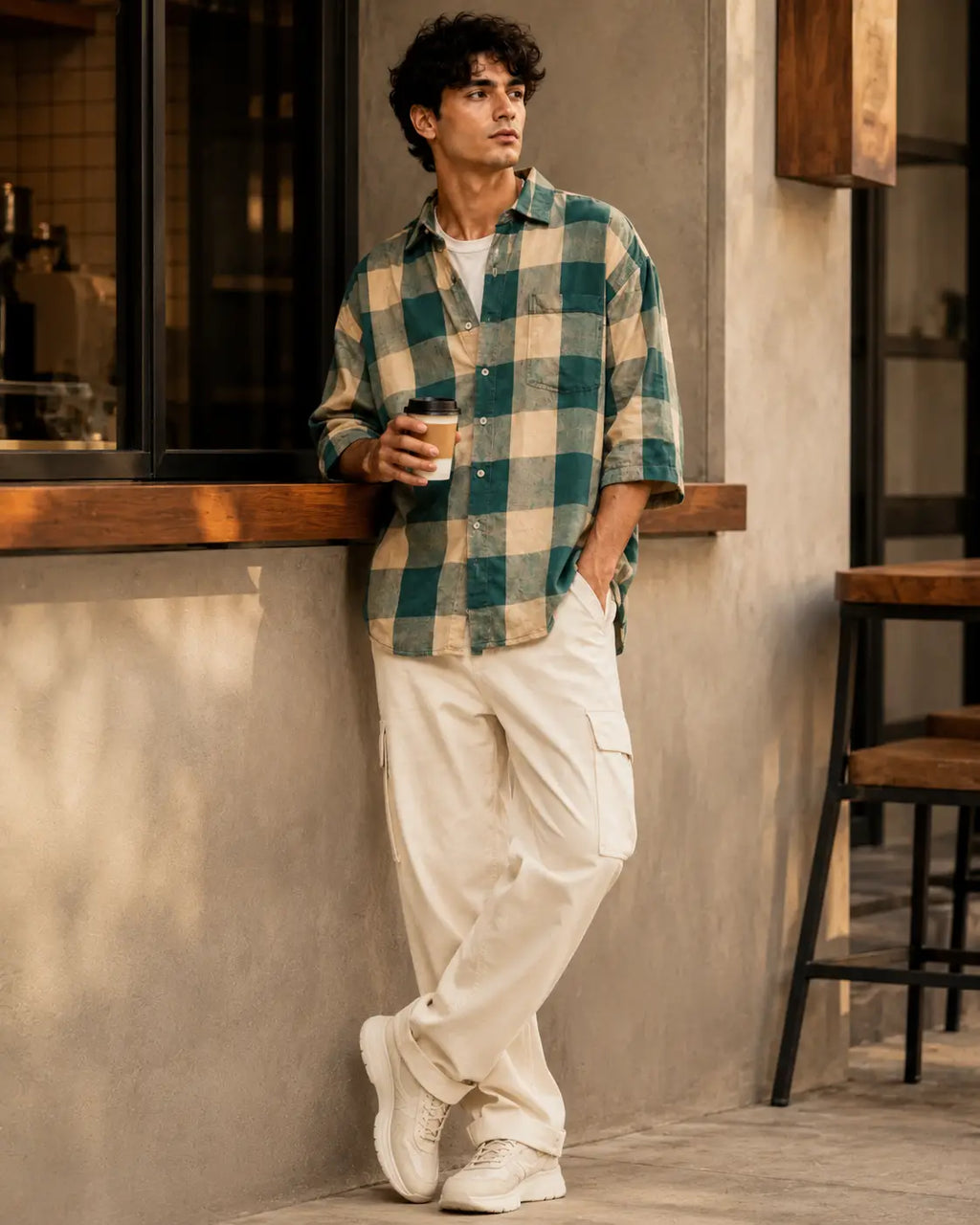 Eloriya Emerald Green & Buff Beige Checkered Oversized Shirt