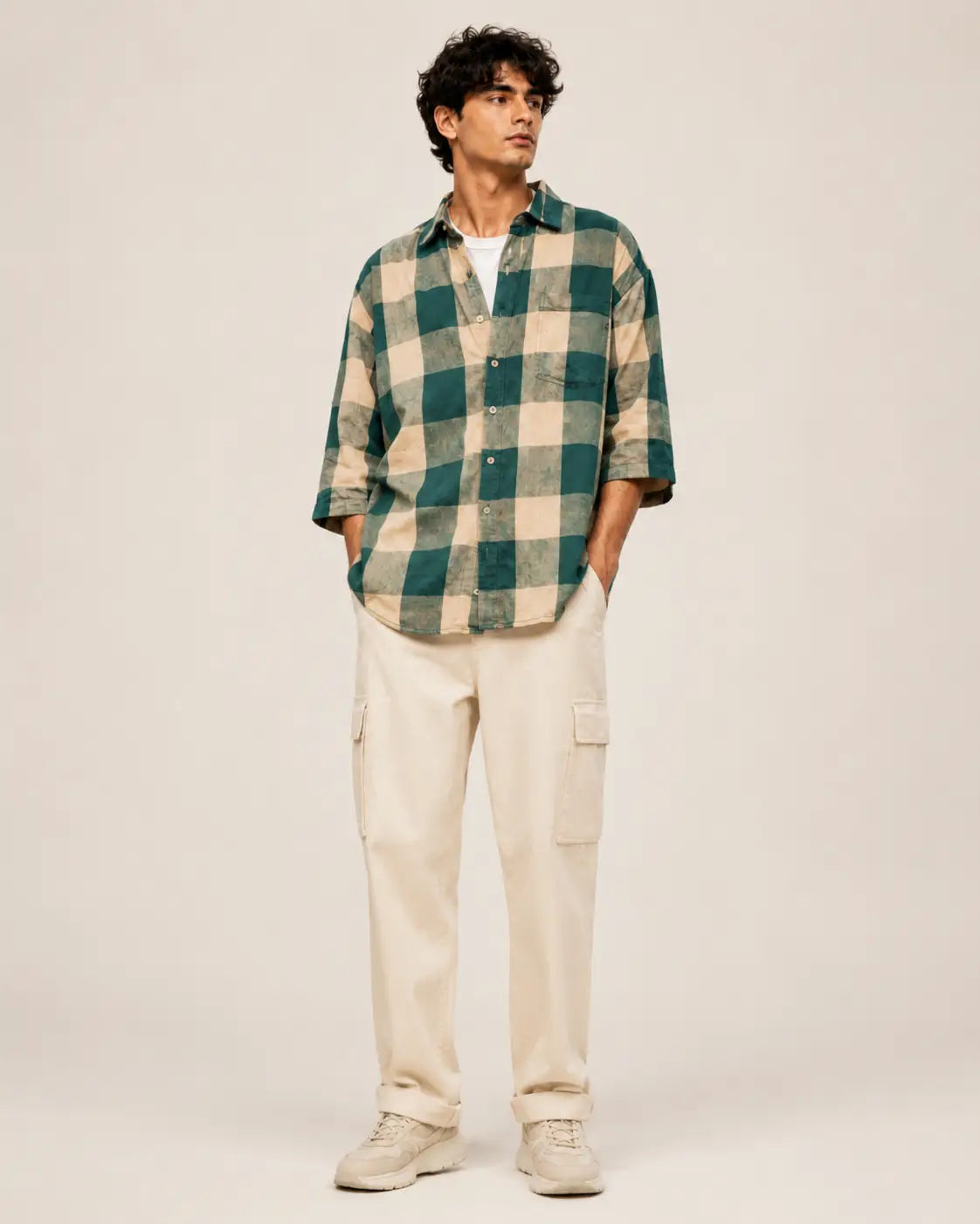 Eloriya Emerald Green & Buff Beige Checkered Oversized Shirt