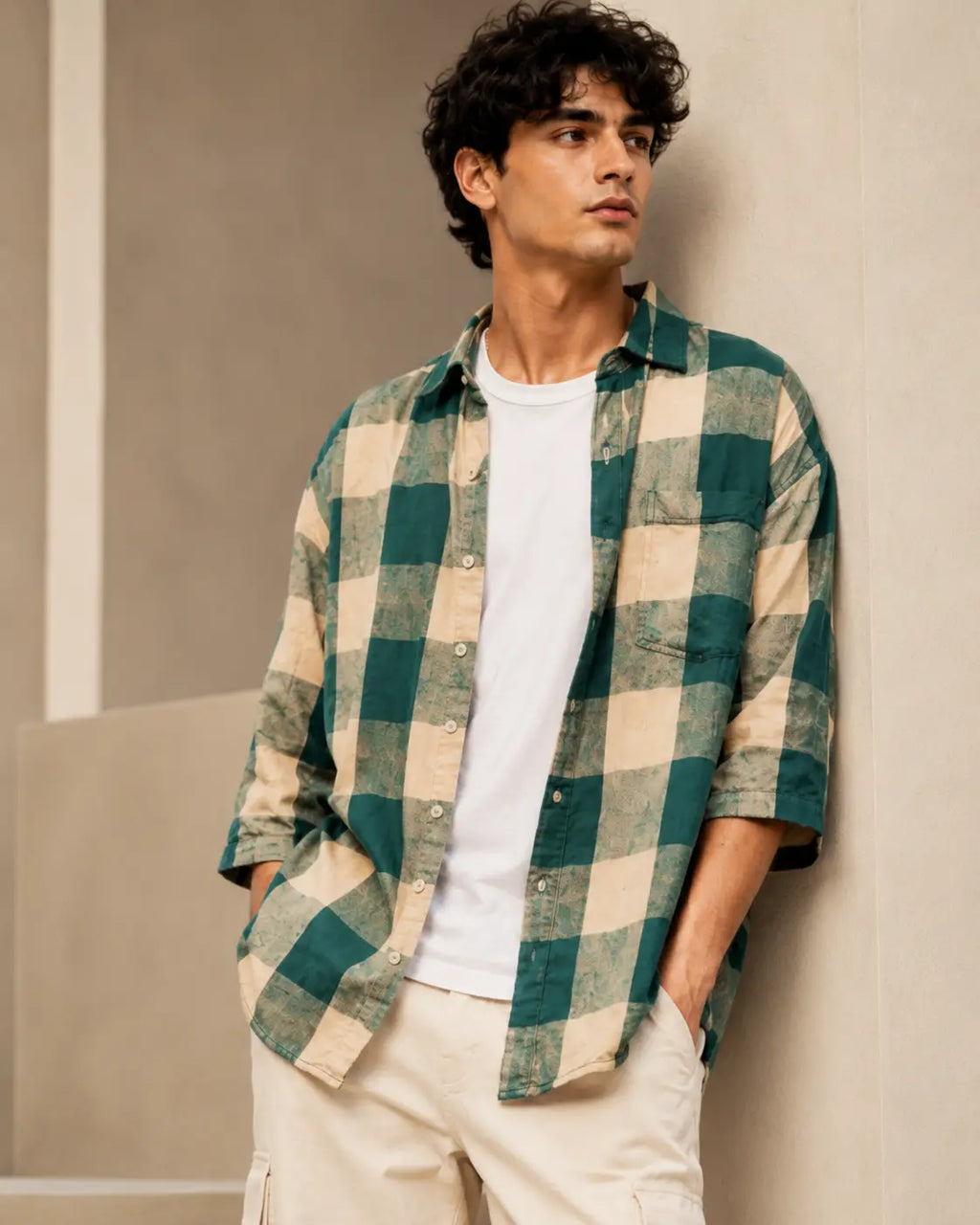 Eloriya Emerald Green & Buff Beige Checkered Oversized Shirt
