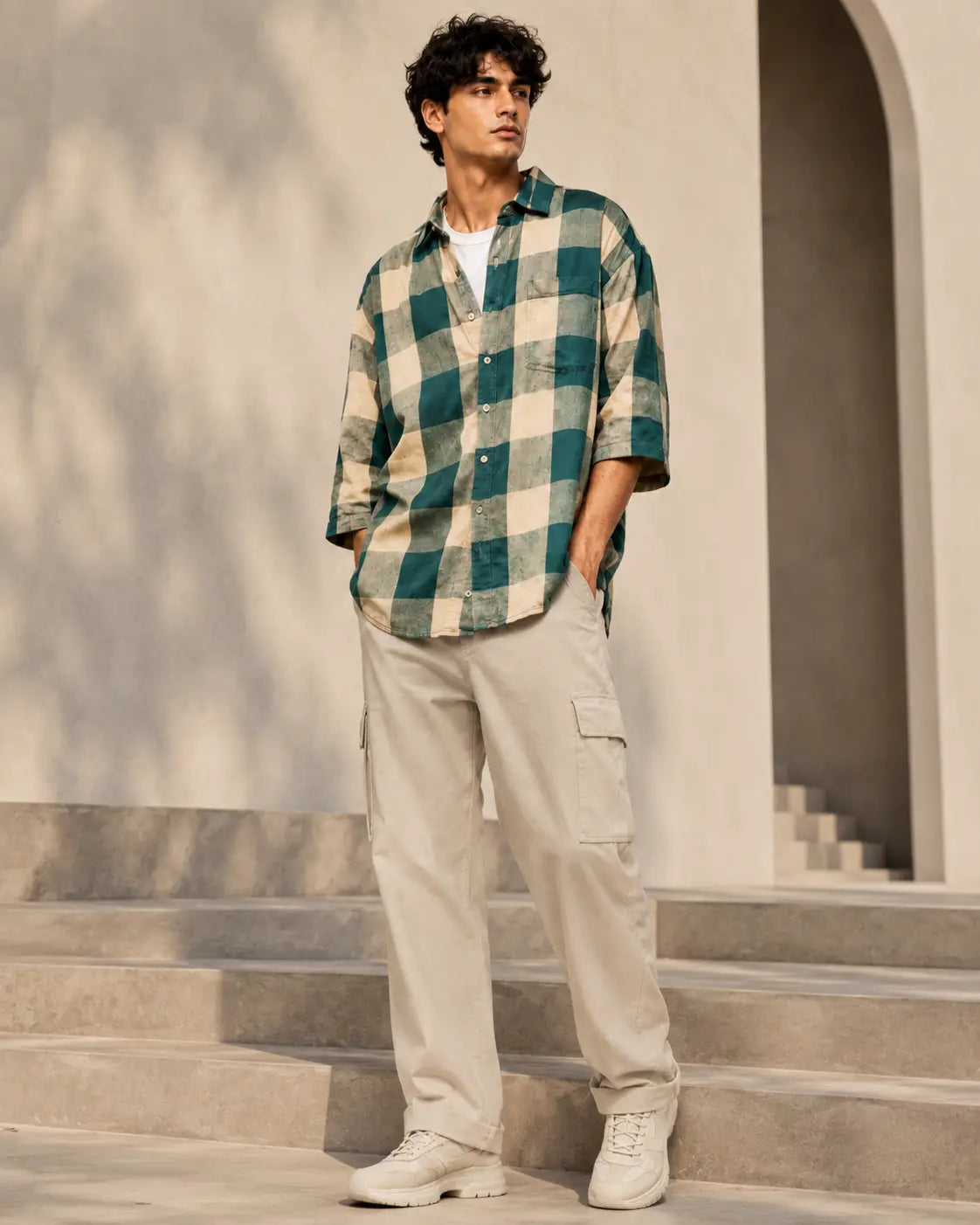 Eloriya Emerald Green & Buff Beige Checkered Oversized Shirt