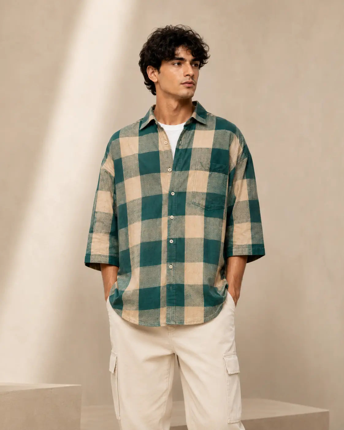 Eloriya Emerald Green & Buff Beige Checkered Oversized Shirt