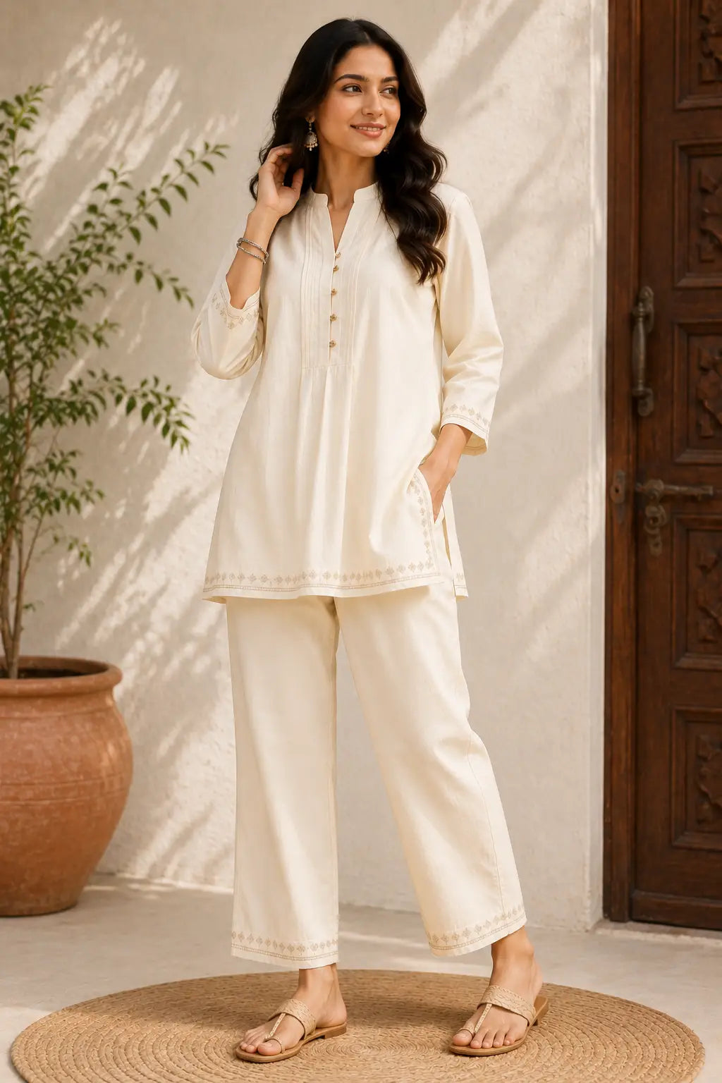 ELORIYA Ivory Relaxed Fit Cotton Co-ord Set for Women