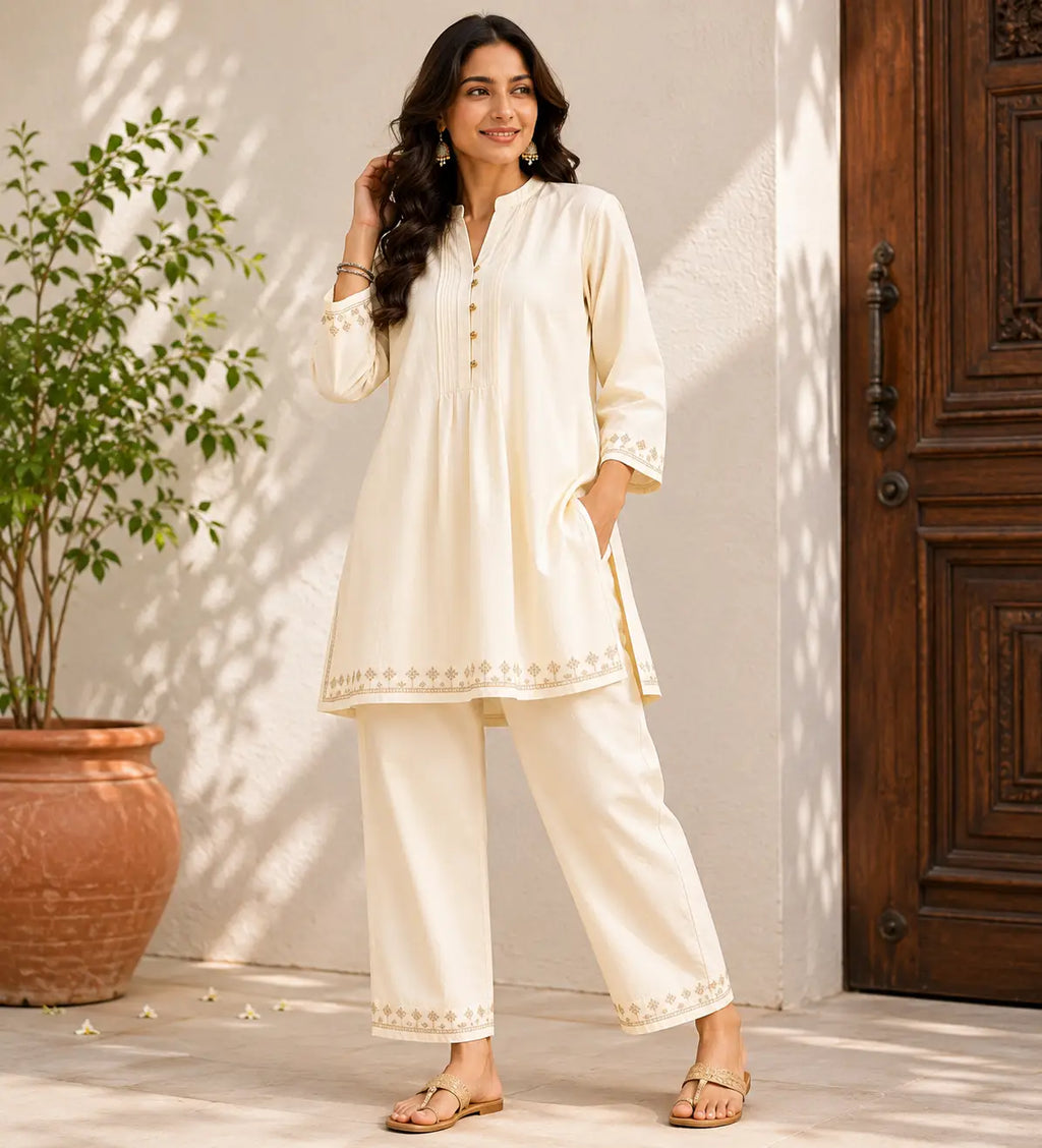 ELORIYA Ivory Relaxed Fit Cotton Co-ord Set for Women