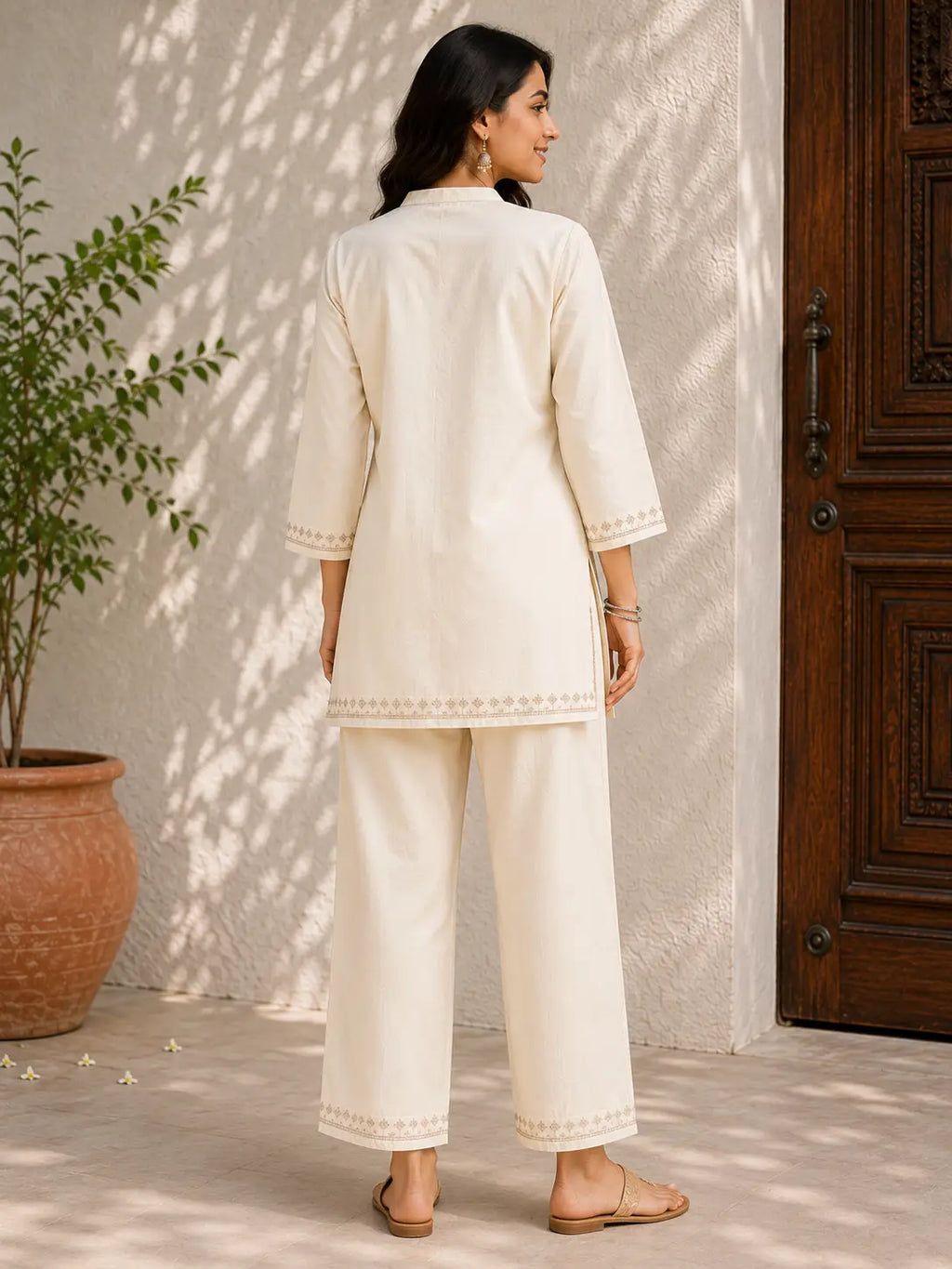 ELORIYA Ivory Relaxed Fit Cotton Co-ord Set for Women