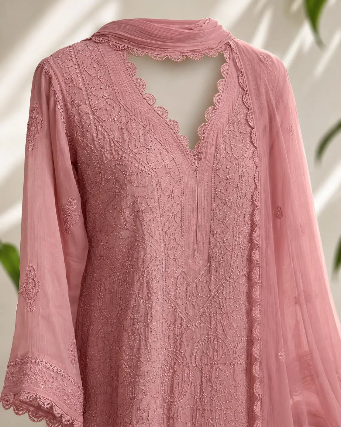 Eloriya Pastel Pink Georgette Chikankari Embroidered Kurta with Pant