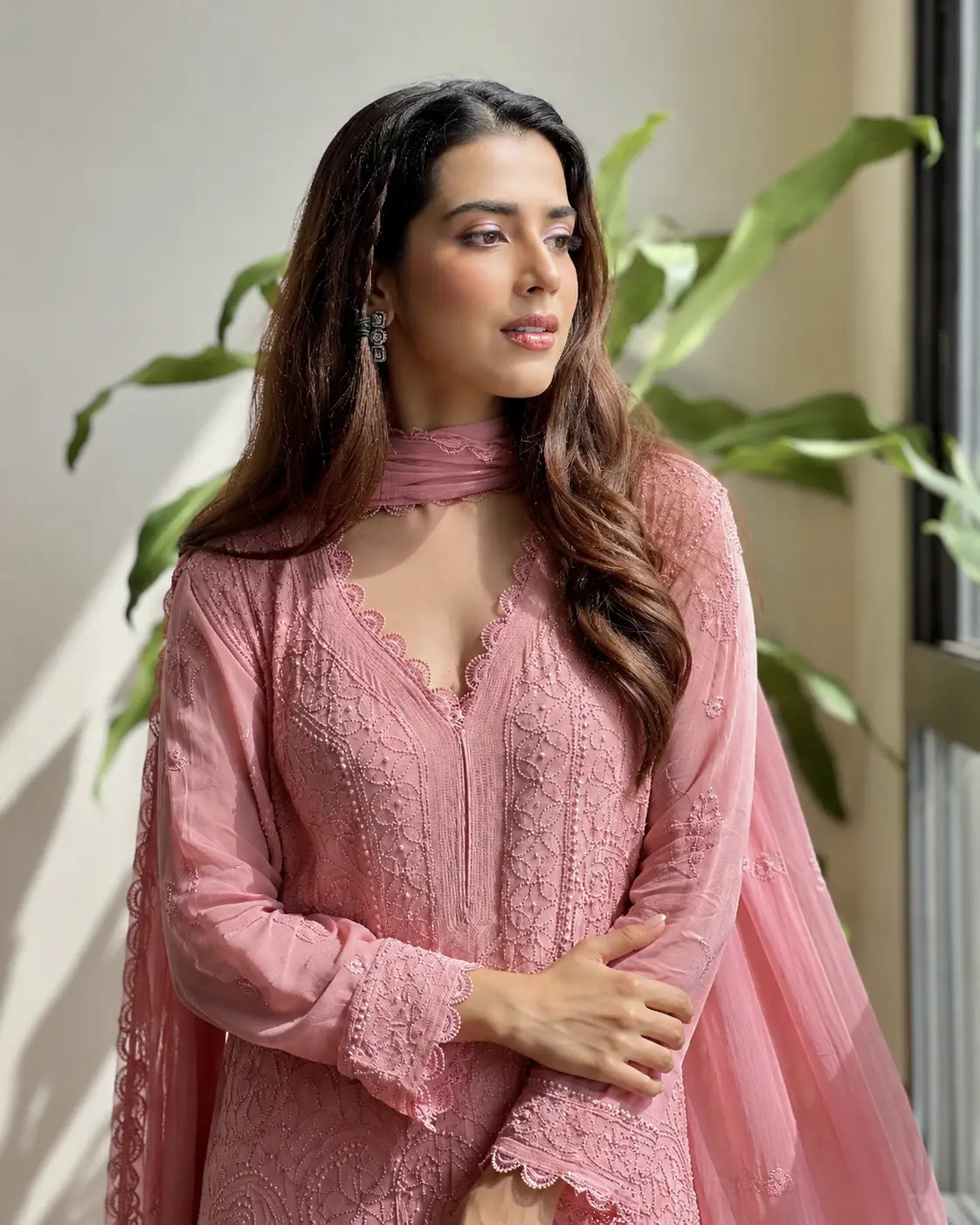 Eloriya Pastel Pink Georgette Chikankari Embroidered Kurta with Pant