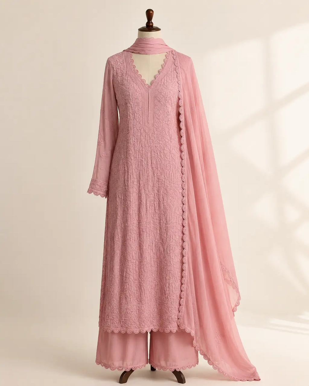 Eloriya Pastel Pink Georgette Chikankari Embroidered Kurta with Pant