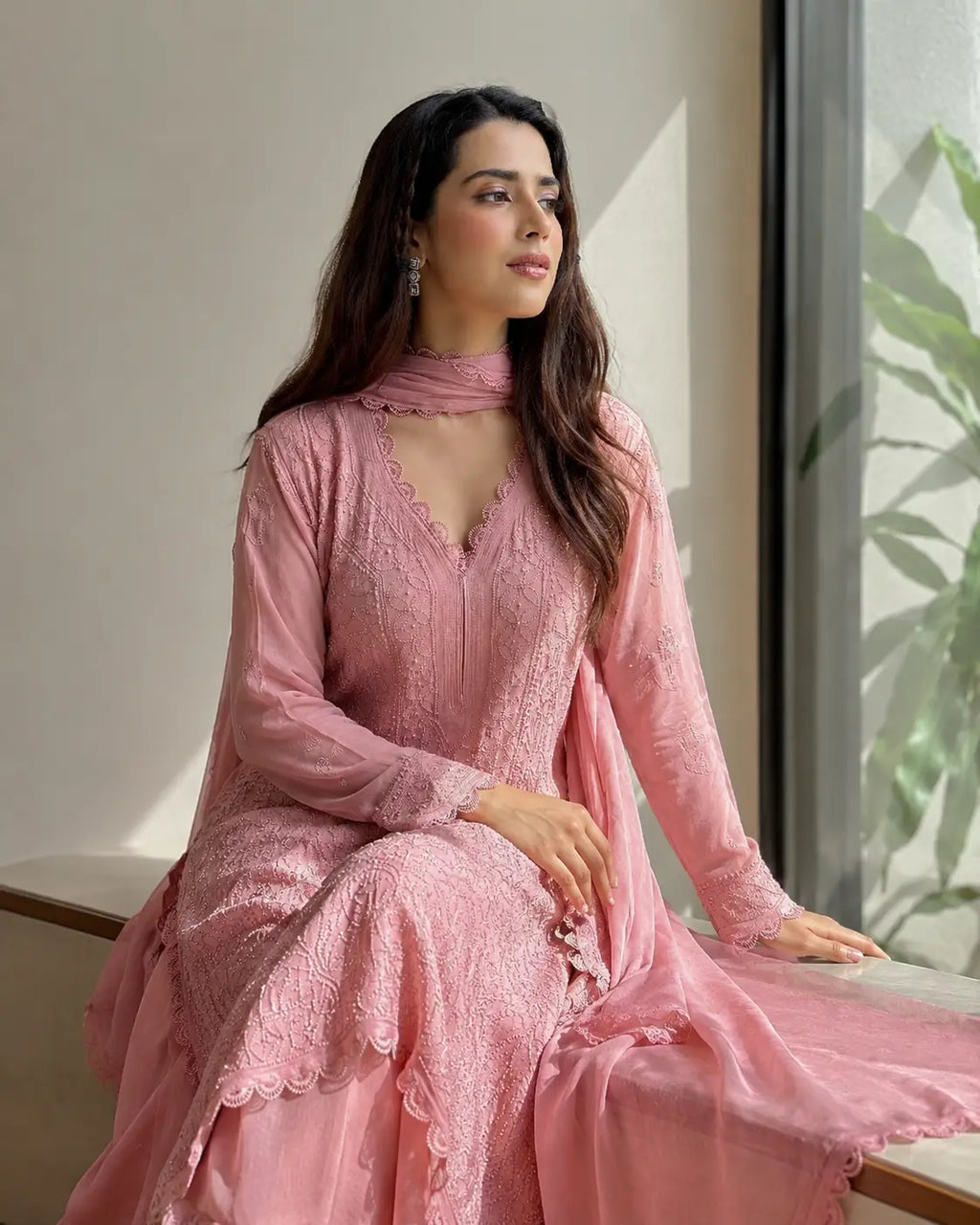 Eloriya Pastel Pink Georgette Chikankari Embroidered Kurta with Pant