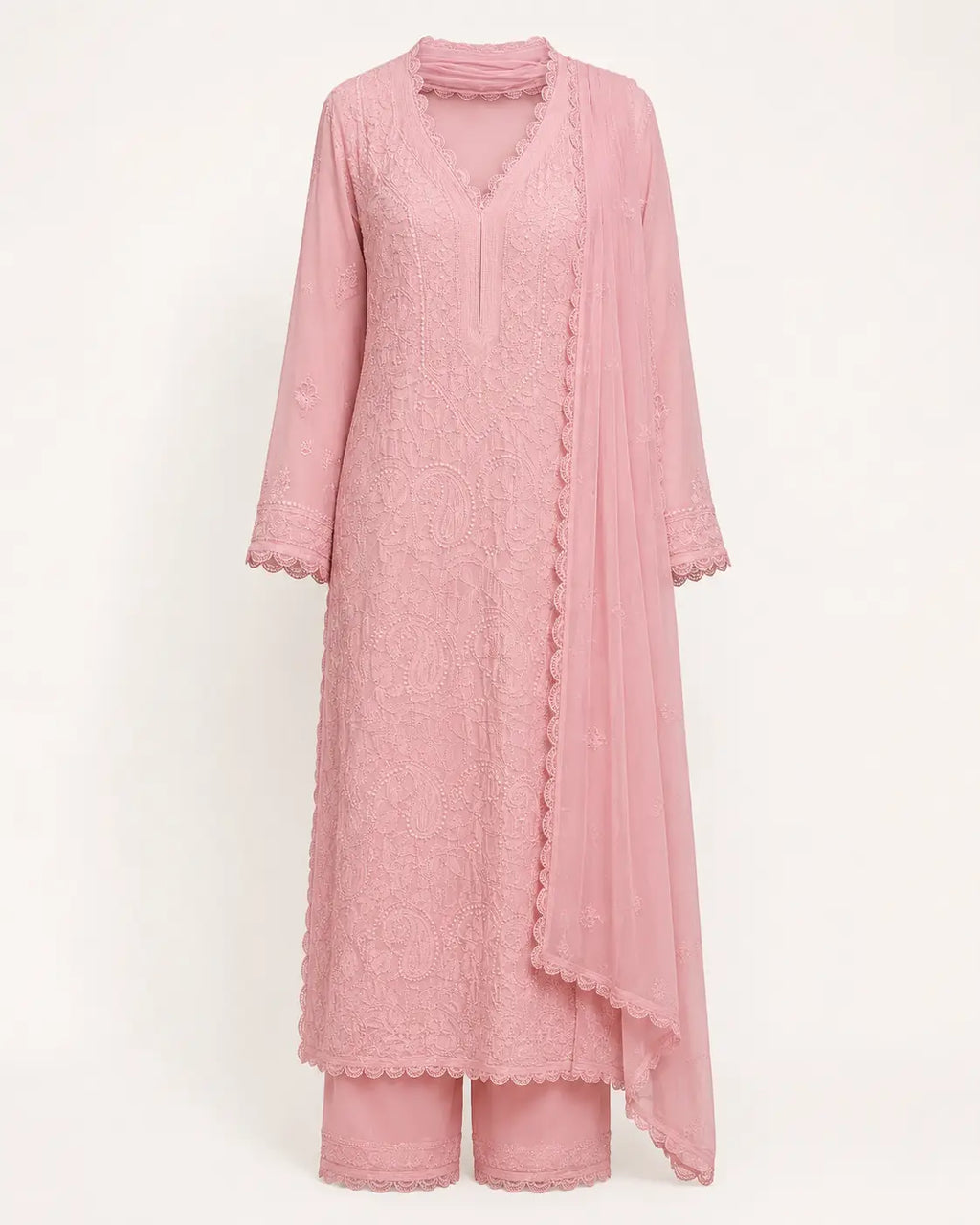 Eloriya Pastel Pink Georgette Chikankari Embroidered Kurta with Pant
