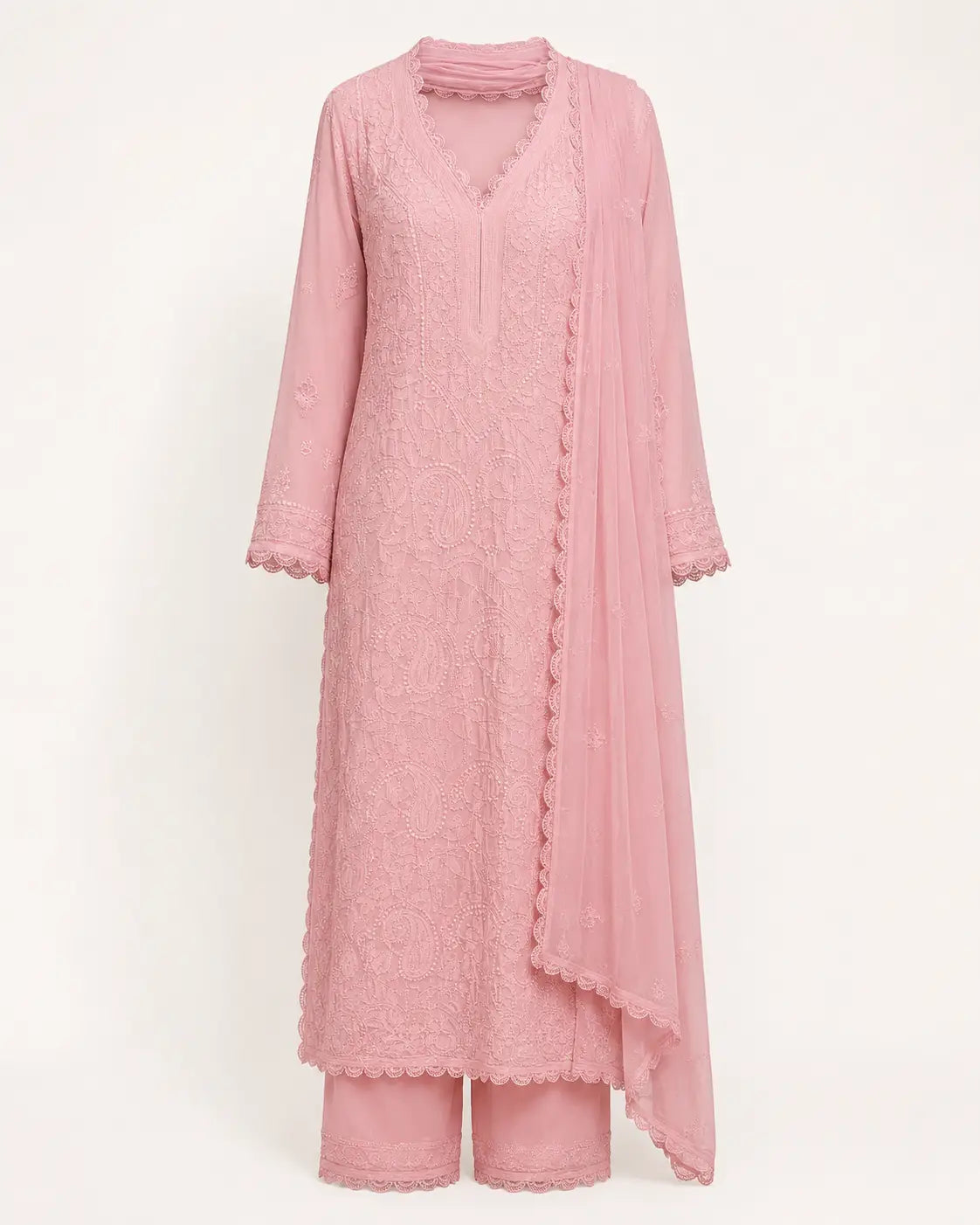 Eloriya Pastel Pink Georgette Chikankari Embroidered Kurta with Pant