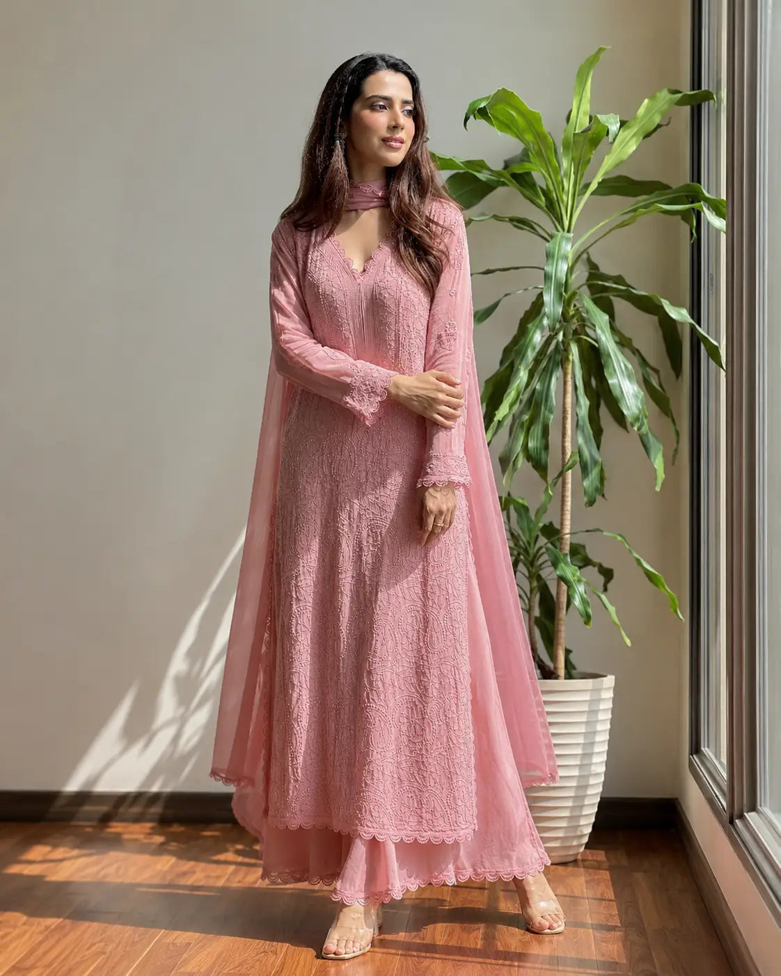 Eloriya Pastel Pink Georgette Chikankari Embroidered Kurta with Pant