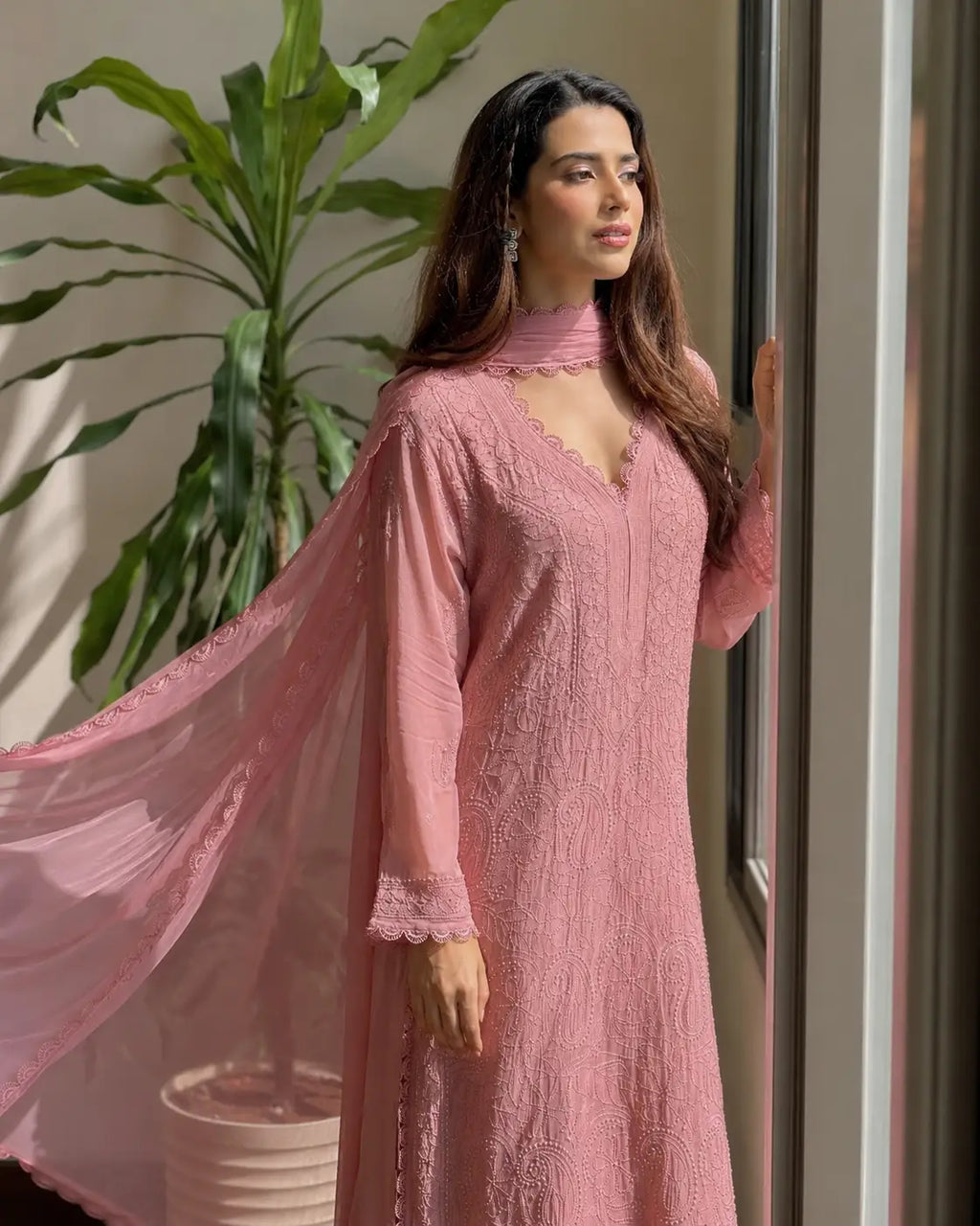 Eloriya Pastel Pink Georgette Chikankari Embroidered Kurta with Pant