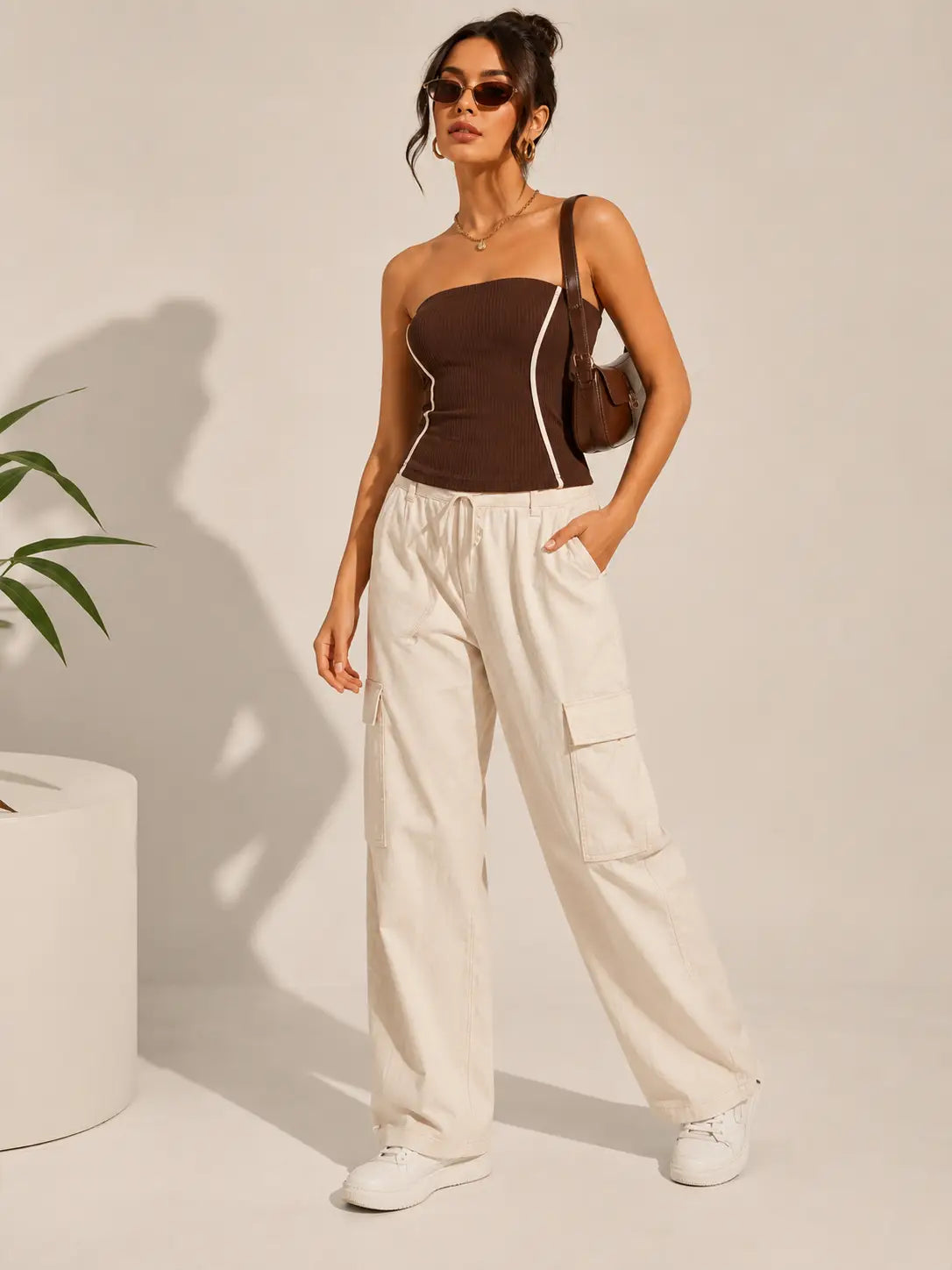 ELORIYA Women Brown Strapless Contrast Detail Ribbed Bandeau Top