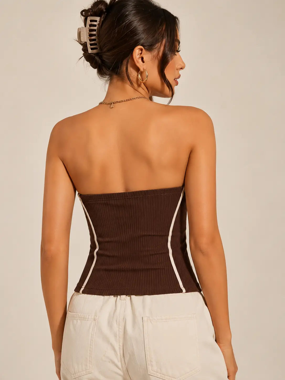 ELORIYA Women Brown Strapless Contrast Detail Ribbed Bandeau Top