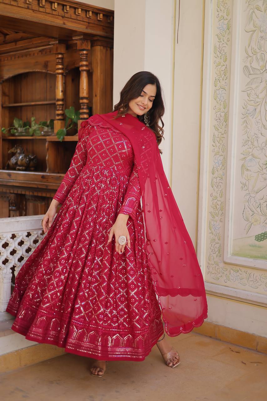 Eloriya Rani & Wine Embroidered Georgette Anarkali Suit Set - M [38] | Eloriya India