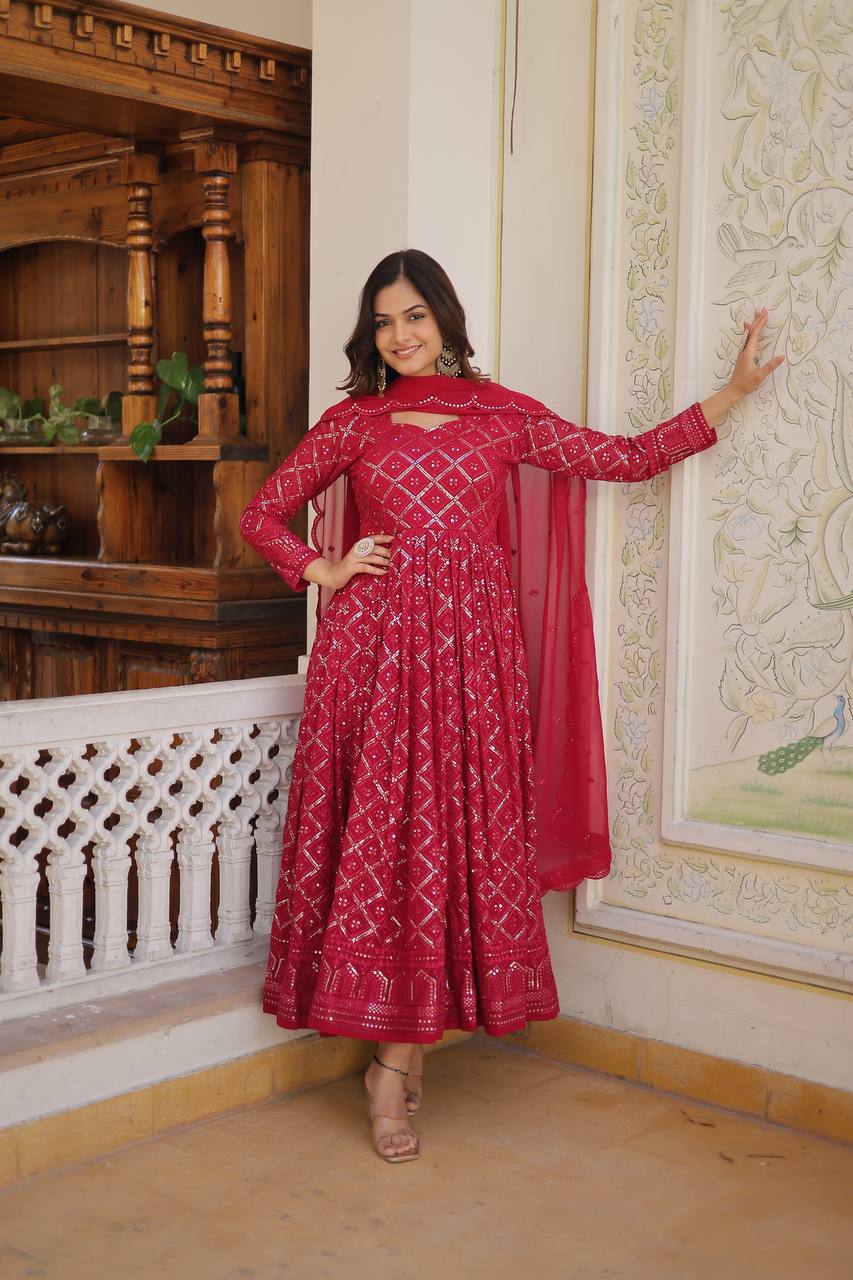 Eloriya Rani & Wine Embroidered Georgette Anarkali Suit Set | Eloriya India