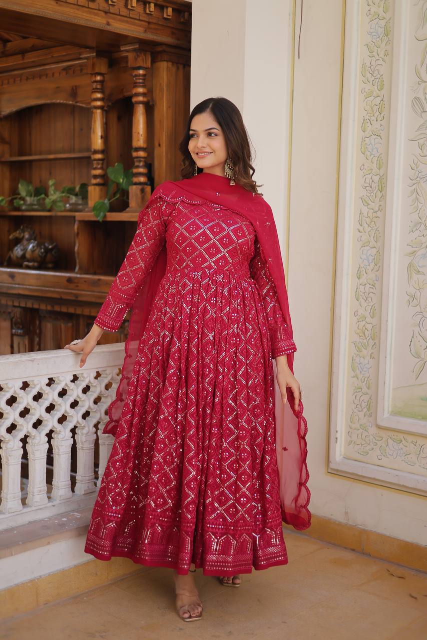 Eloriya Rani & Wine Embroidered Georgette Anarkali Suit Set | Eloriya India