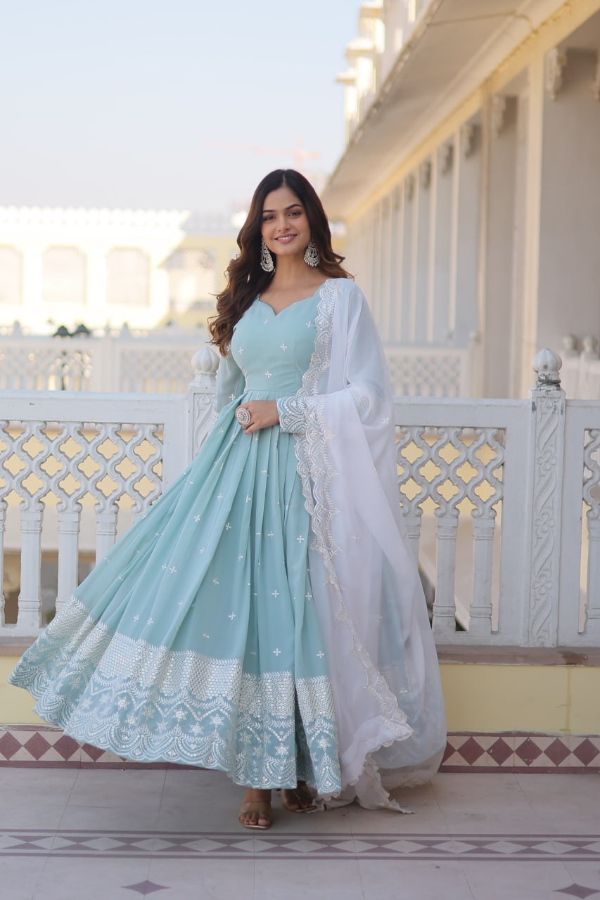 Eloriya Premium Quality Sky Anarkali Suit Set - 3XL [46] | Eloriya India