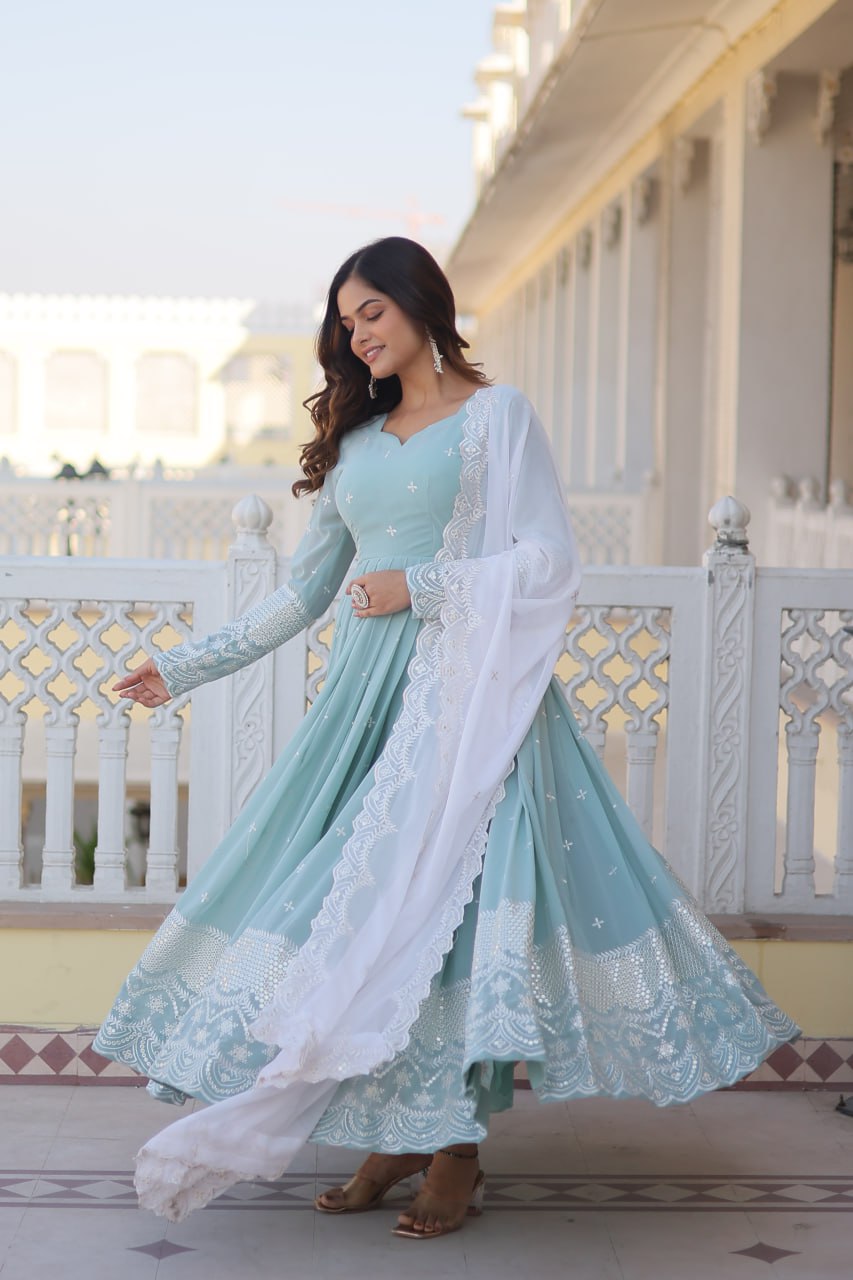 Eloriya Premium Quality Sky Anarkali Suit Set - XXL(44'') | Eloriya India