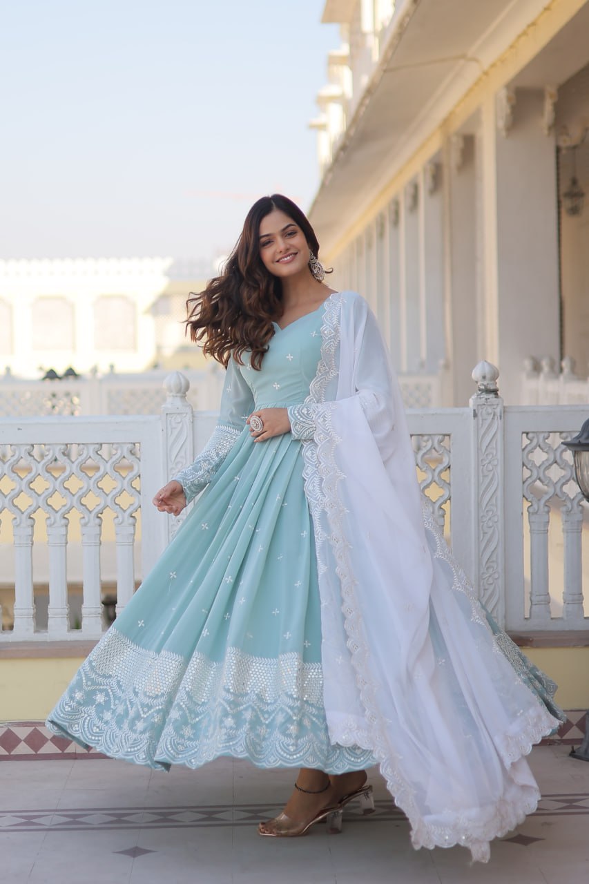 Eloriya Premium Quality Sky Anarkali Suit Set - XL(42'') | Eloriya India