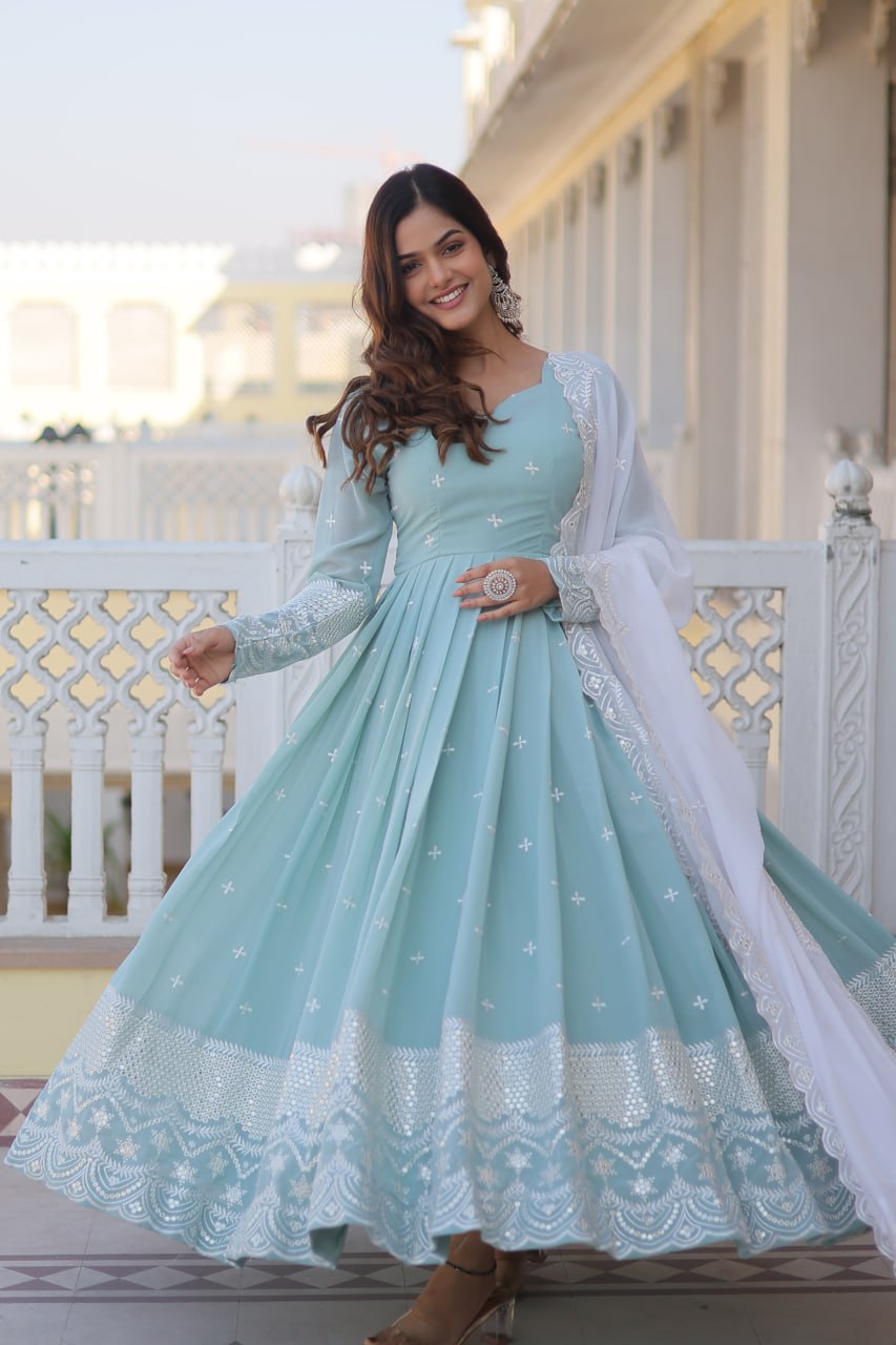 Eloriya Premium Quality Sky Anarkali Suit Set - M(38'') | Eloriya India
