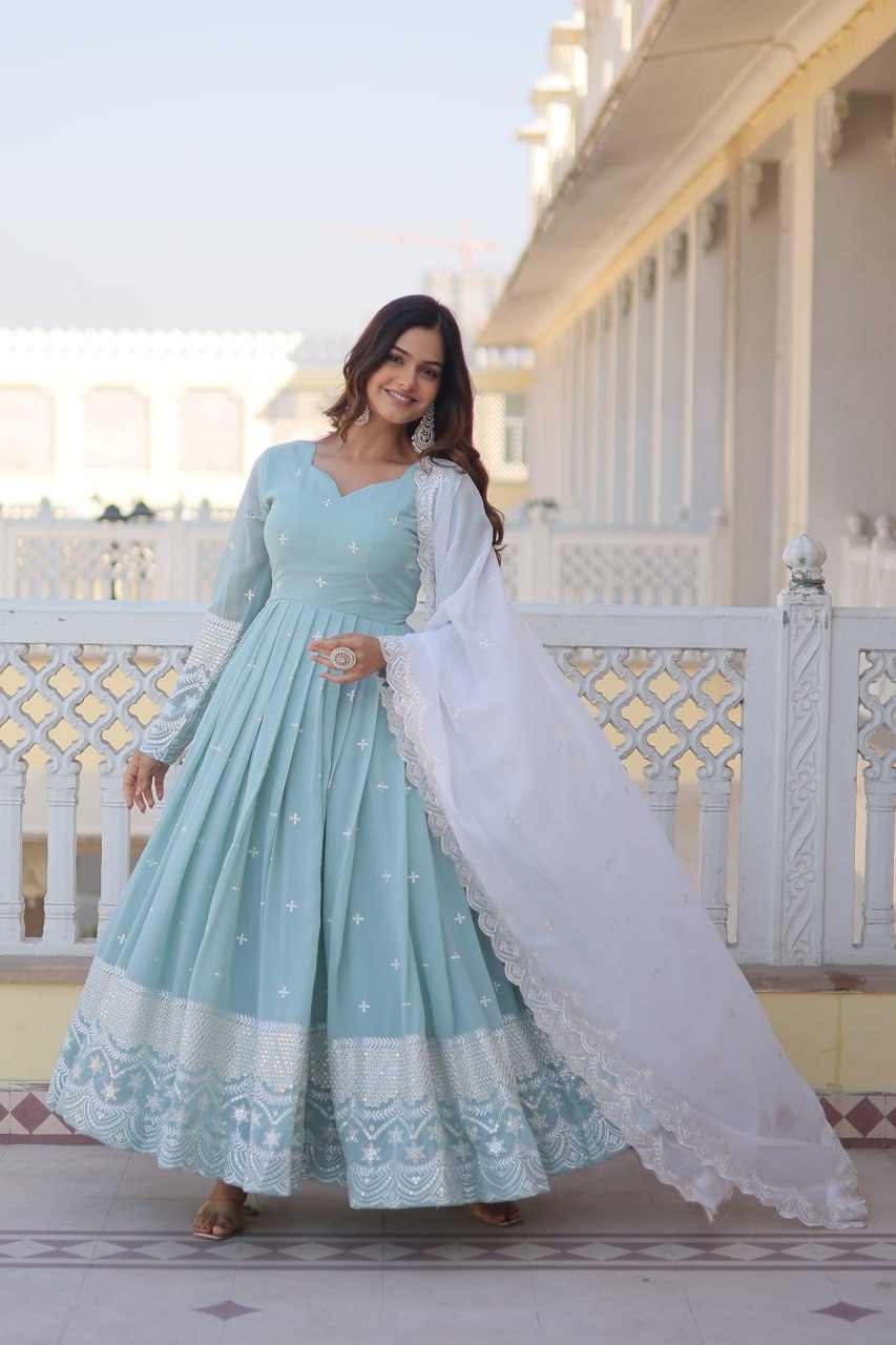 Eloriya Premium Quality Sky Anarkali Suit Set - S [36] | Eloriya India