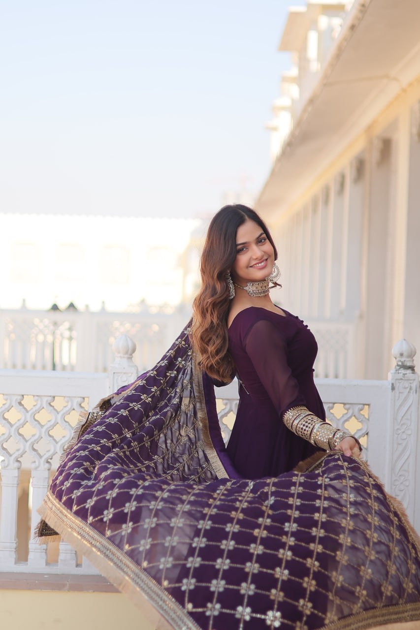 Eloriya Waine Colour Readymade Alia Cut Gown With Dupatta Set-Kka-1070 | Eloriya India