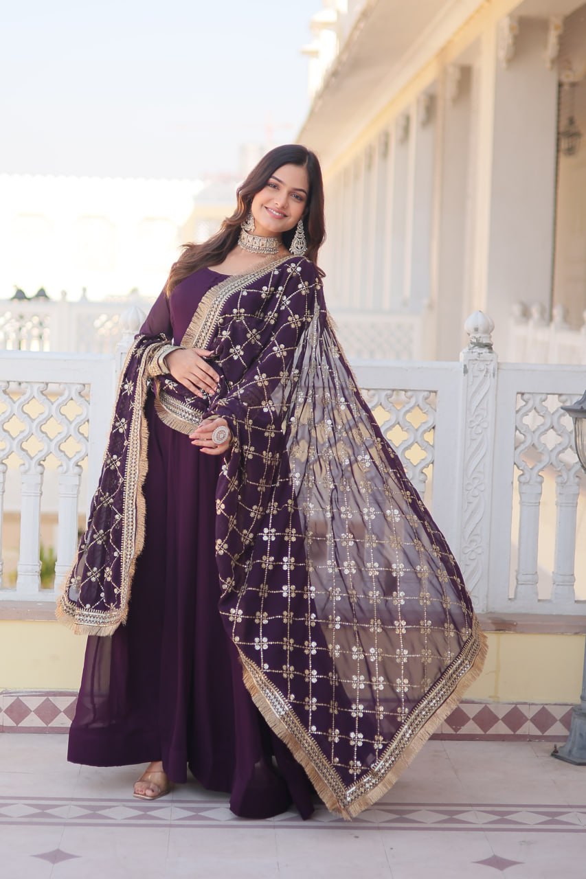 Eloriya Waine Colour Readymade Alia Cut Gown With Dupatta Set-Kka-1070 - XXL(44'') | Eloriya India
