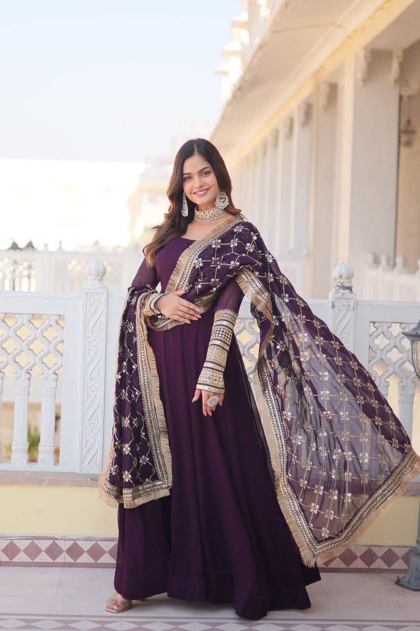 Eloriya Waine Colour Readymade Alia Cut Gown With Dupatta Set-Kka-1070 - XL(42'') | Eloriya India