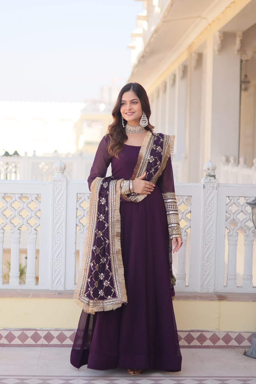 Eloriya Waine Colour Readymade Alia Cut Gown With Dupatta Set-Kka-1070 - L(40'') | Eloriya India