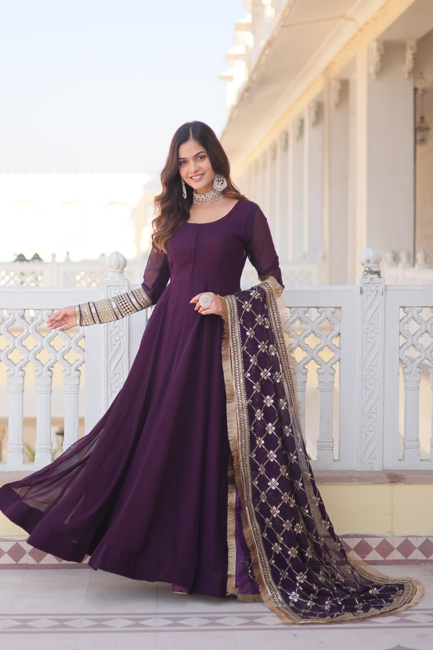 Eloriya Waine Colour Readymade Alia Cut Gown With Dupatta Set-Kka-1070 - M(38'') | Eloriya India