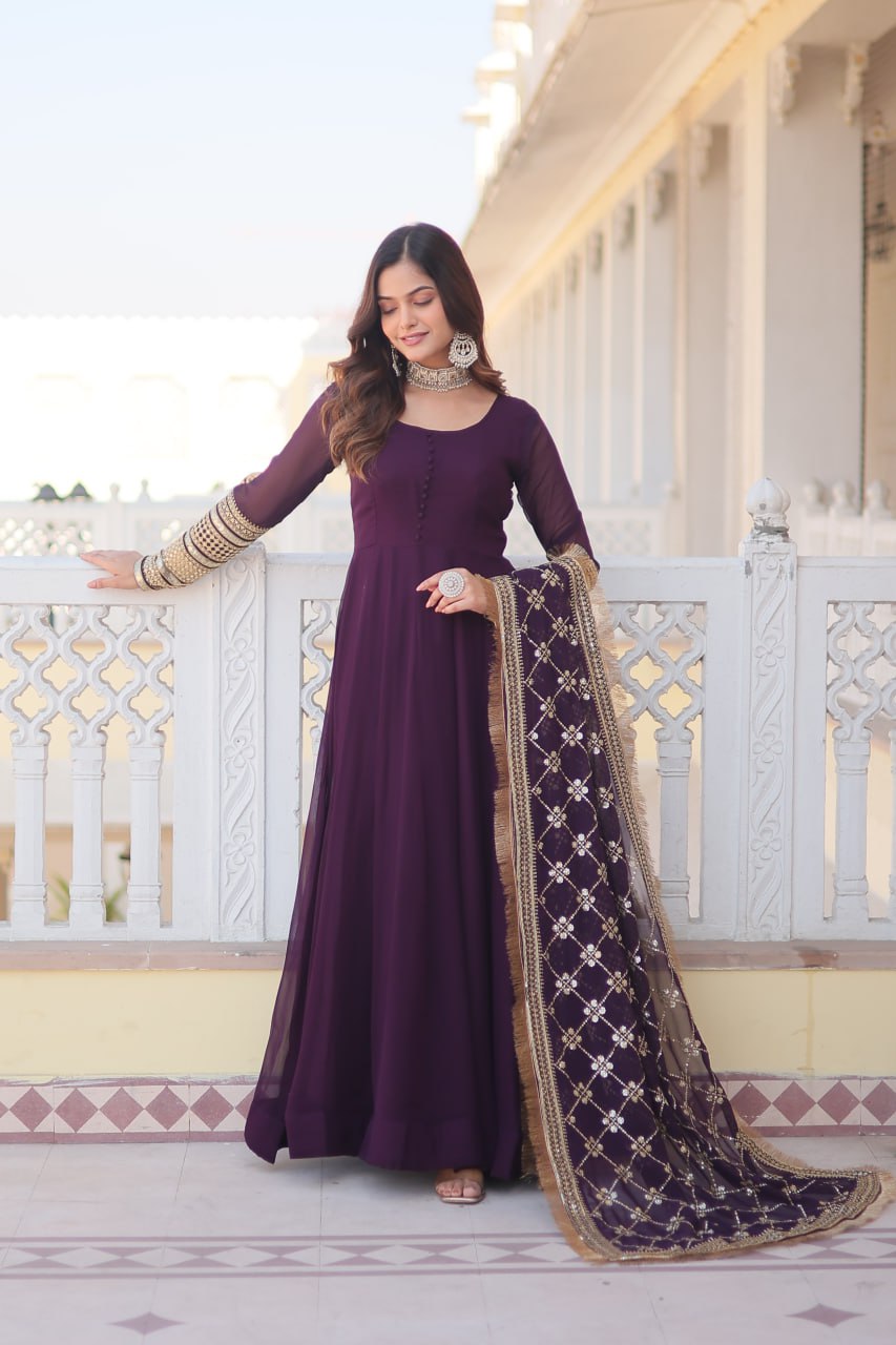 Eloriya Waine Colour Readymade Alia Cut Gown With Dupatta Set-Kka-1070 - S [36] | Eloriya India