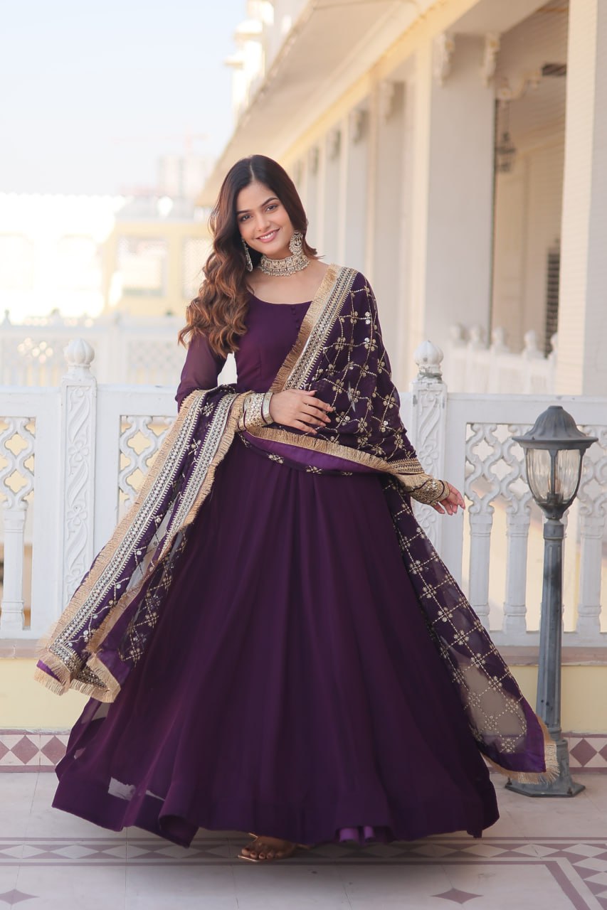 Eloriya Waine Colour Readymade Alia Cut Gown With Dupatta Set-Kka-1070 - XS [34] | Eloriya India