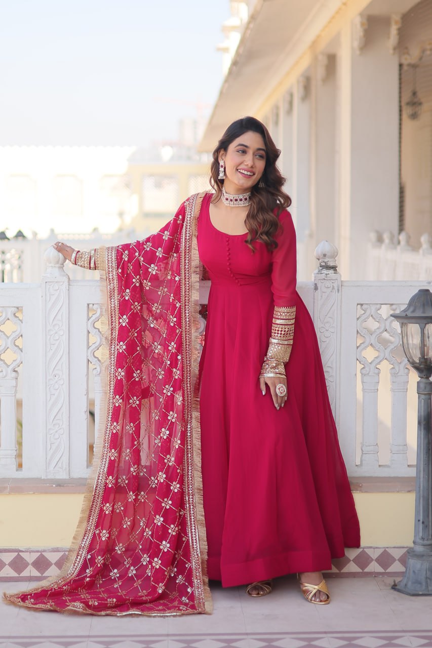 Eloriya Pink Colour Readymade Alia Cut Gown With Dupatta Set-Kka-1070 - XXL(44'') | Eloriya India