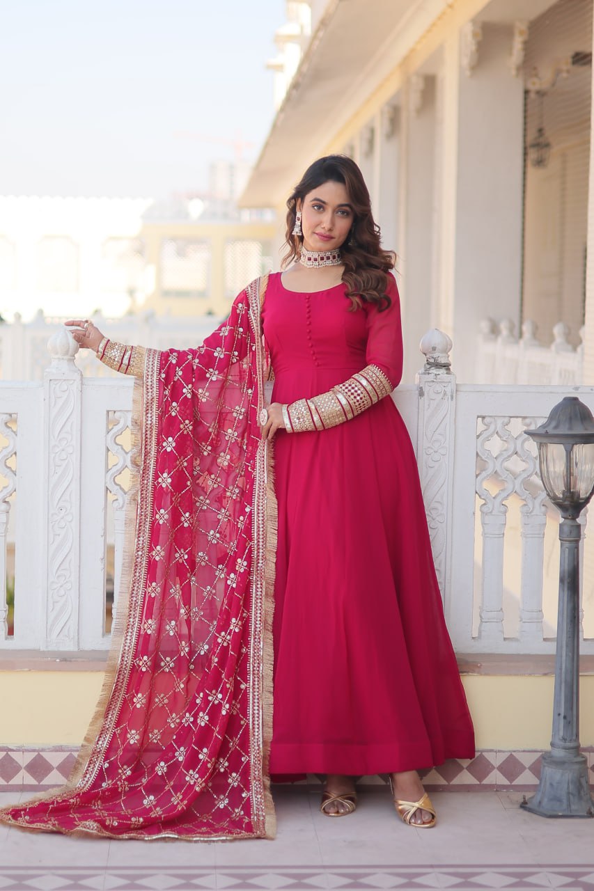 Eloriya Pink Colour Readymade Alia Cut Gown With Dupatta Set-Kka-1070 - L(40'') | Eloriya India