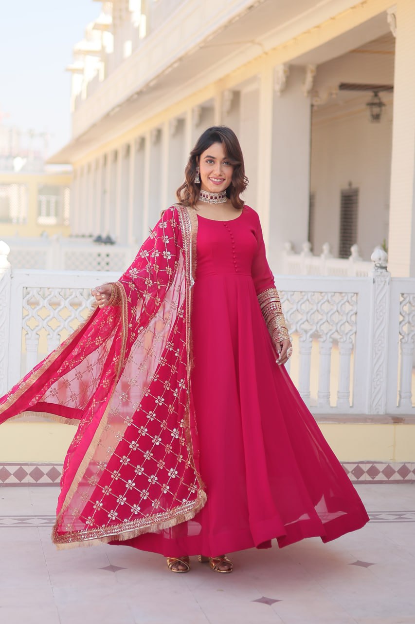 Eloriya Pink Colour Readymade Alia Cut Gown With Dupatta Set-Kka-1070 - XS [34] | Eloriya India